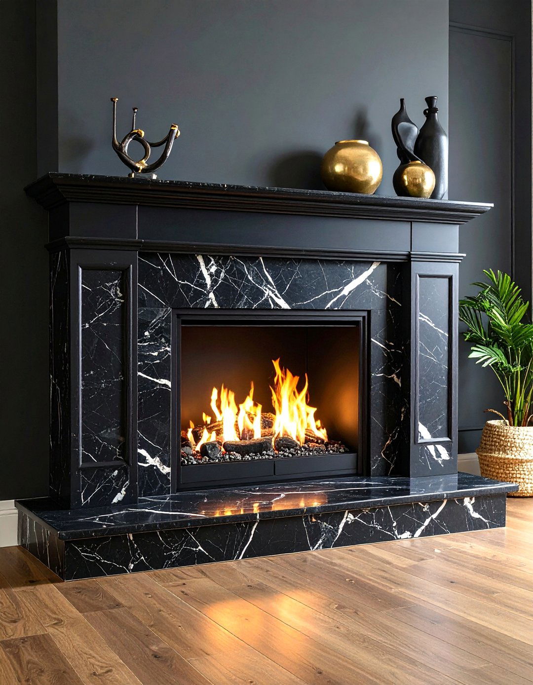 Veined Black Marble Fireplace Elegance - 20 Black Fireplace Ideas