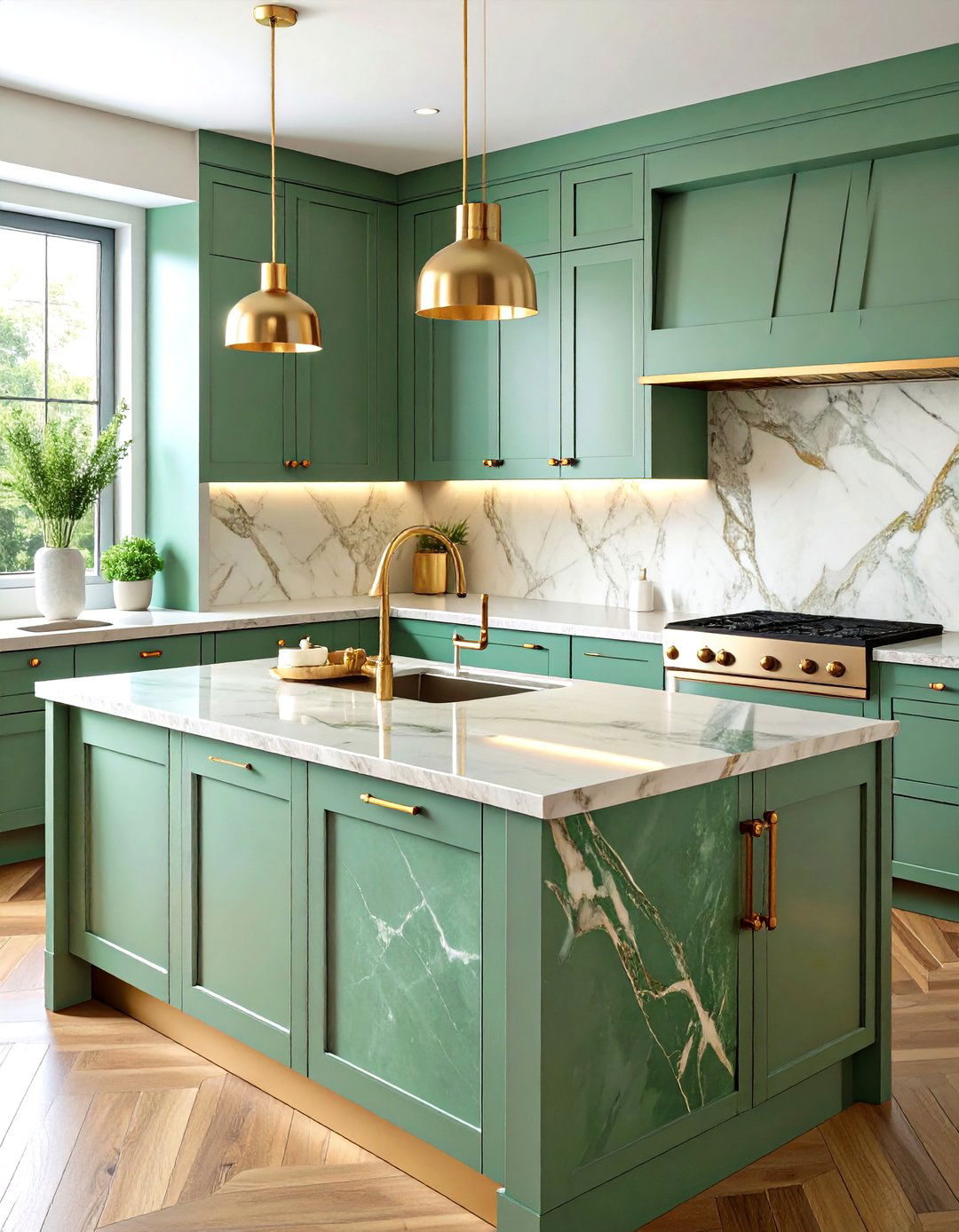 Veined Verde Alpi and Brushed Brass Glam - 20 Green Marble Countertop Design Ideas