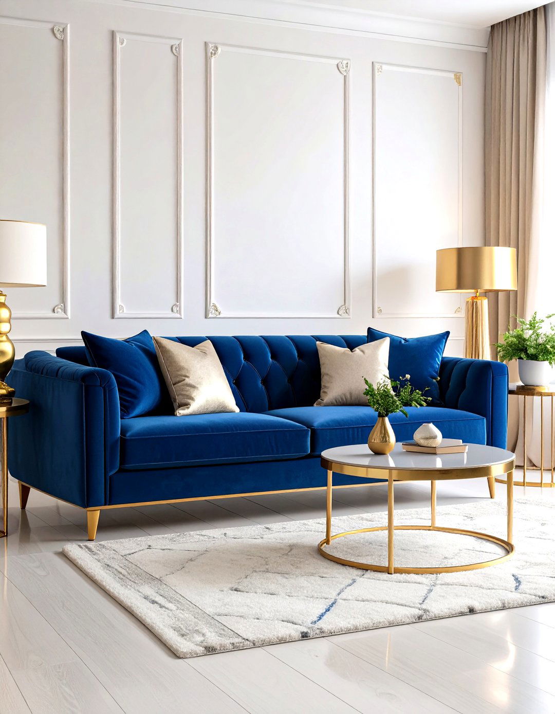 Velvet Blue Couch Living Room with Metallic Gold Highlights - 20 Blue Couch Living Room Ideas