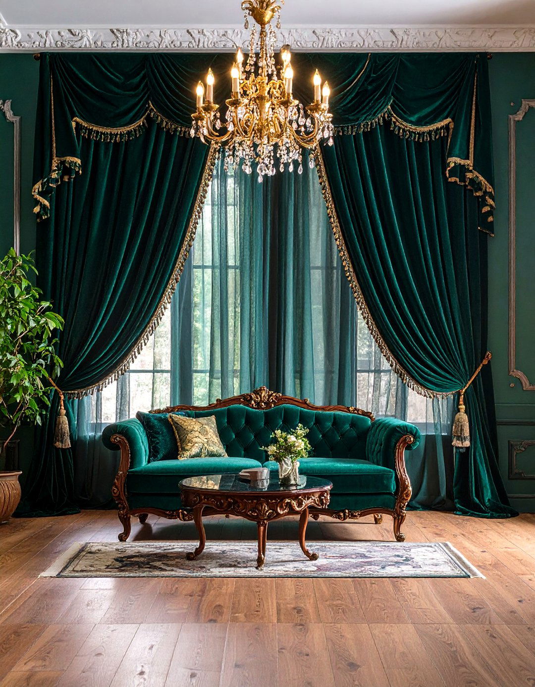 Velvet Draperies - 20 Victorian Dark Green Living Room Ideas