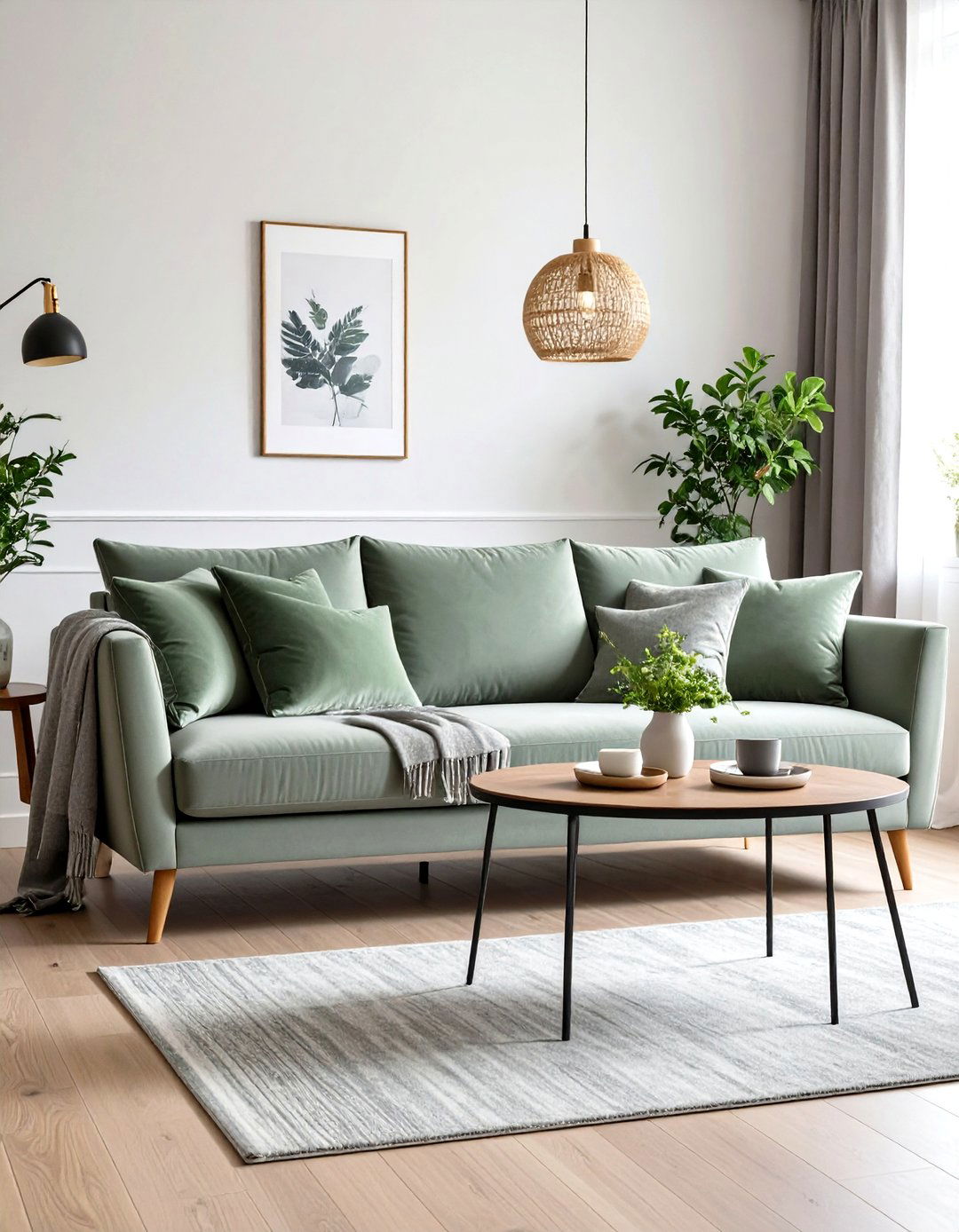 Velvet Grey Sofa with Sage Throws for Luxurious Comfort - 20 Grey and Sage Green Living Room Ideas