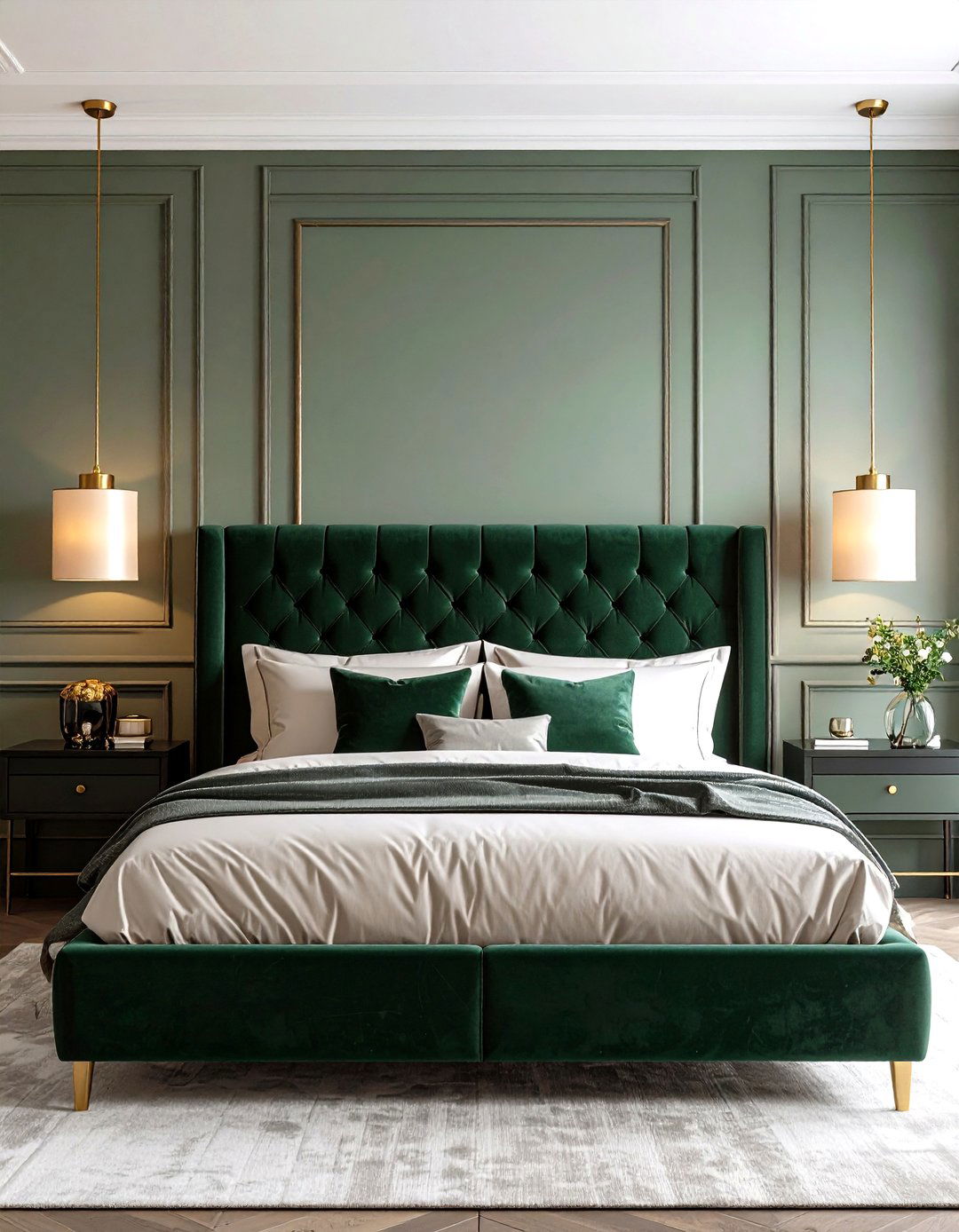 Velvet Headboard Statement in Dark Green - 20 Dark Green Bedroom Ideas