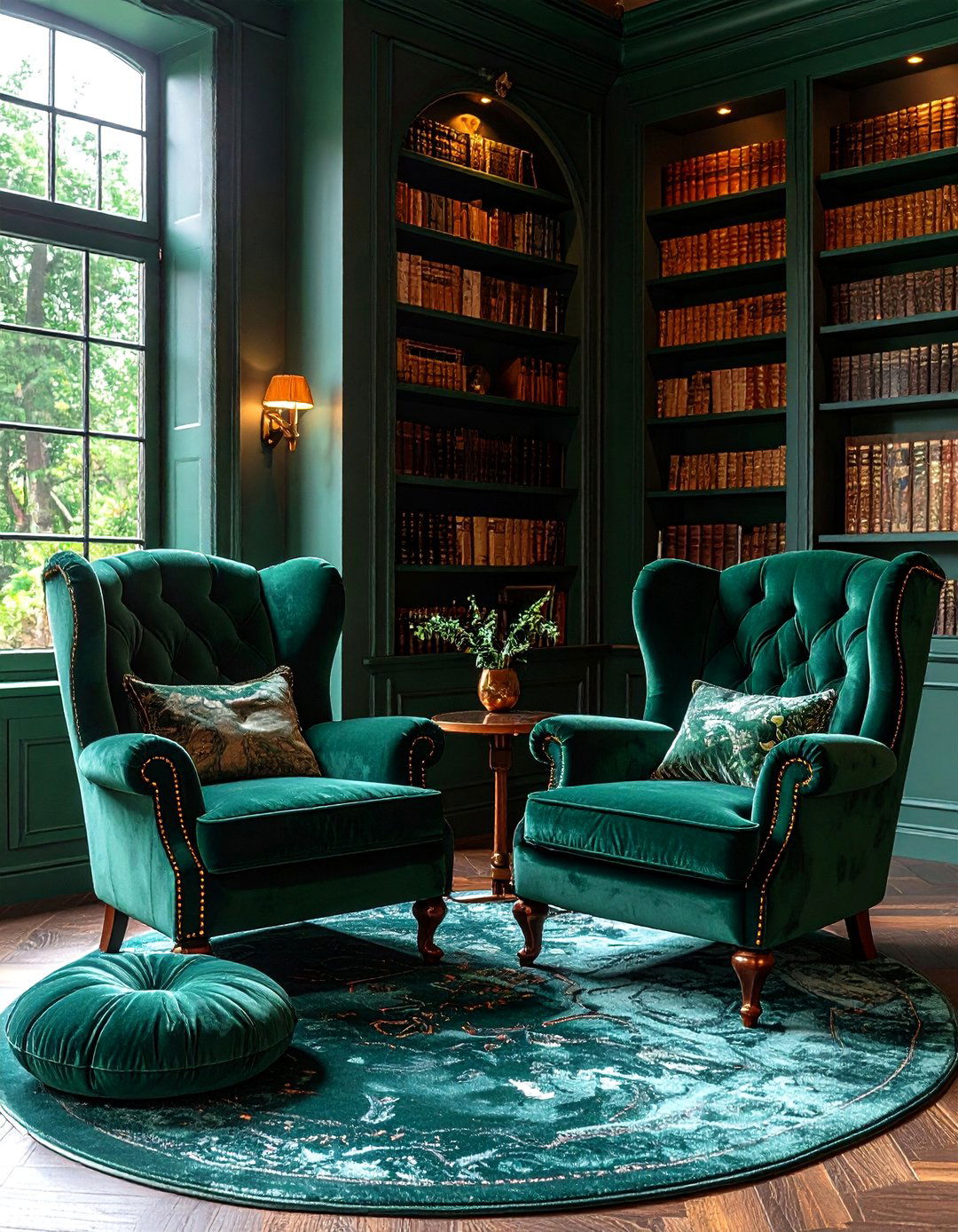 Velvet Seating for a Jewel Box Home Library - 20 Dark Green Home Library Ideas and Inspiration