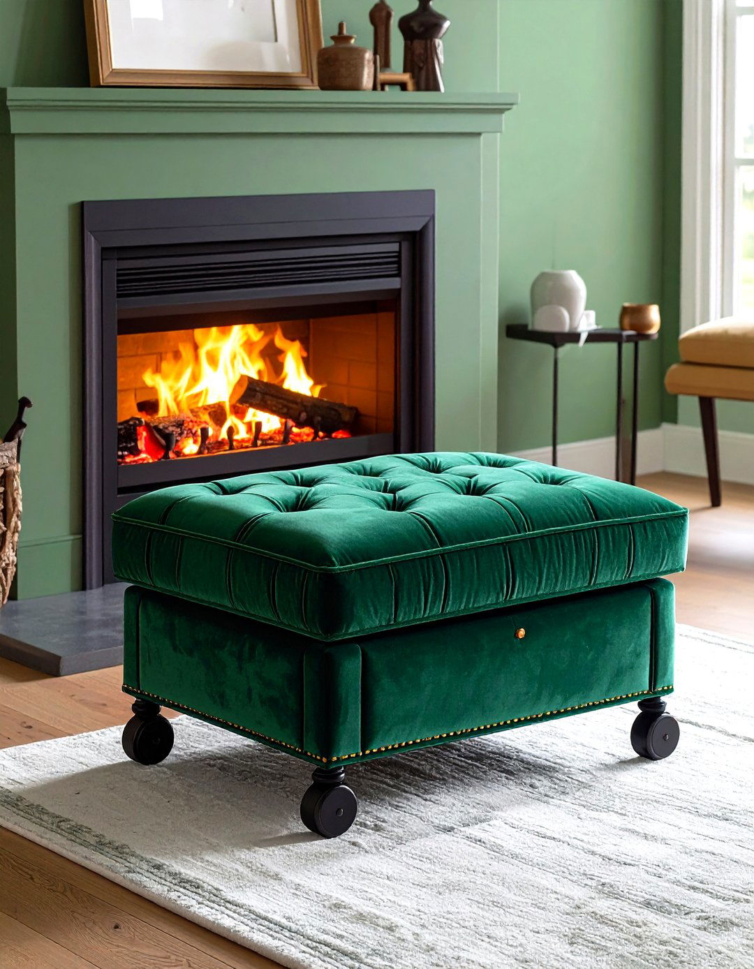 Velvet Storage Ottoman Fireplace Bench for Flexibility - 20 Fireplace Bench Ideas