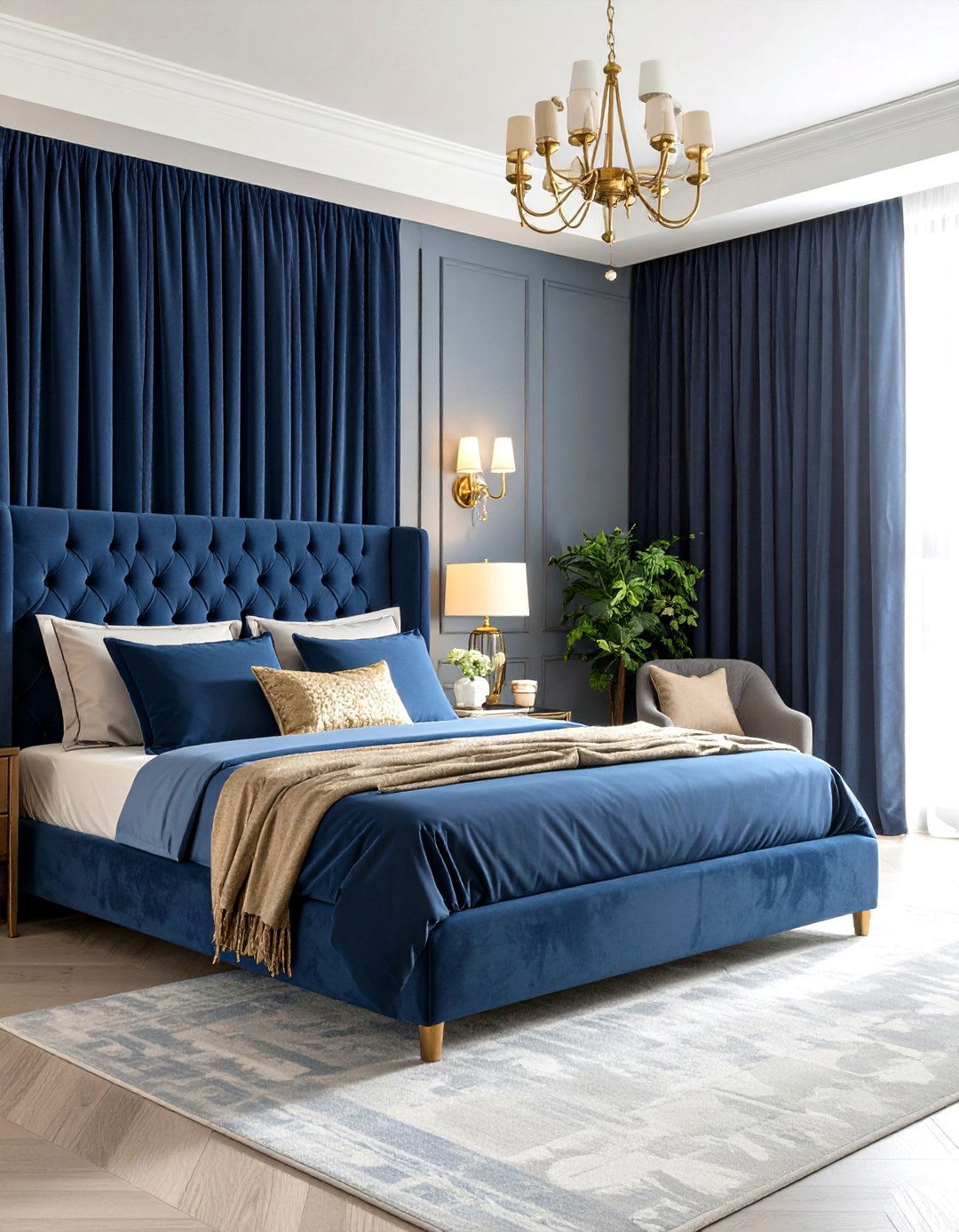 Velvet Textiles Elevate a Dark Blue Bedroom - 20 Dark Blue Bedroom Ideas