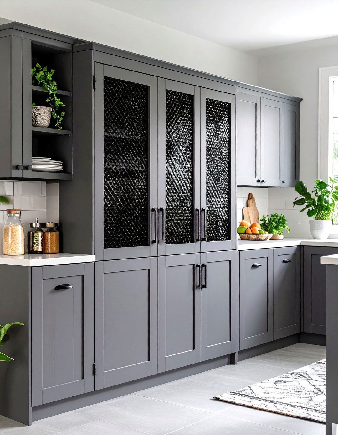 Ventilate Elegantly With Gray Doors Featuring Black Mesh Inserts - 20 Gray and Black Kitchen Ideas