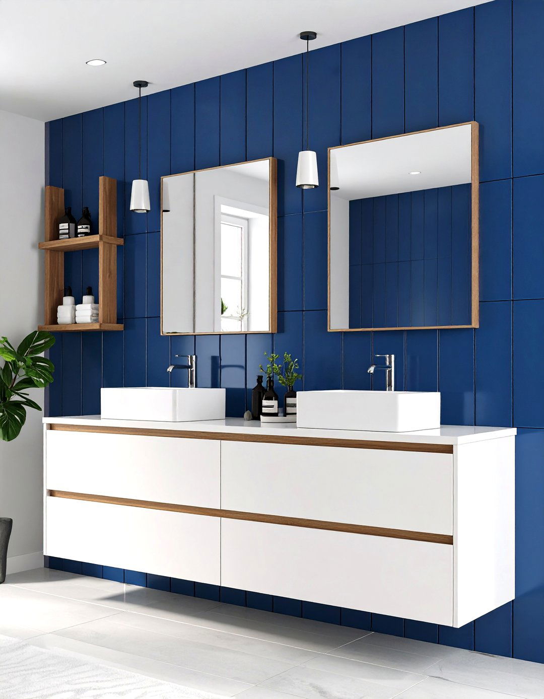 Vertical Blue Tile Stacks for Height Enhancement - 20 Blue Tile Bathroom Ideas