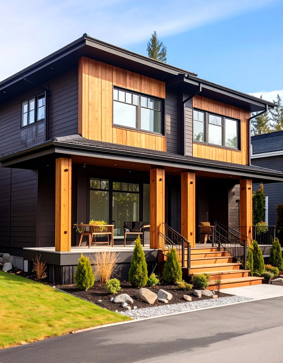 Vertical Cedar Battens Warm a Dark Brown House Exterior - 20 Dark Brown House Exterior Ideas