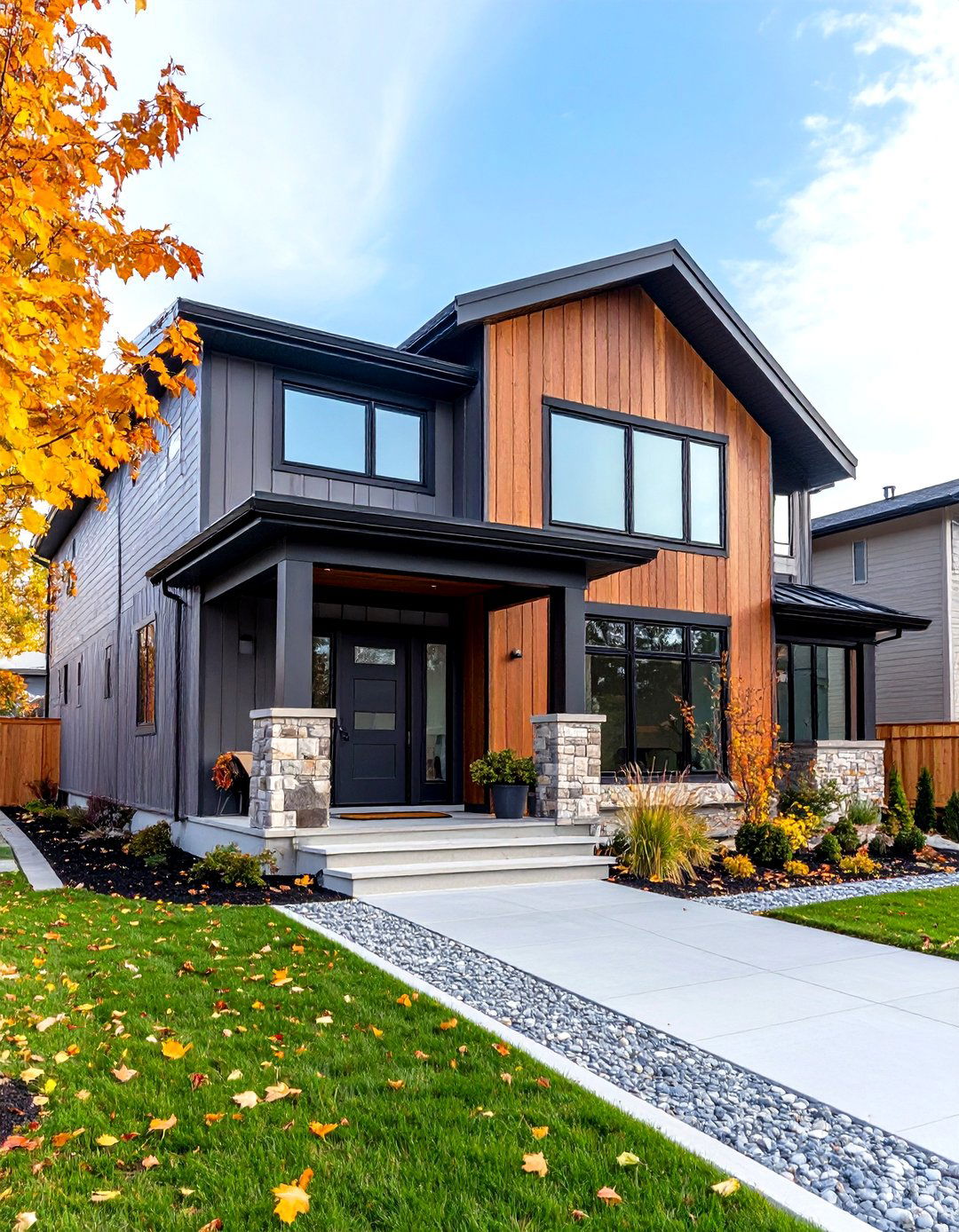 Vertical Cedar Look Mobile Home Siding with Dark Trim - 20 Mobile Home Siding Design Ideas