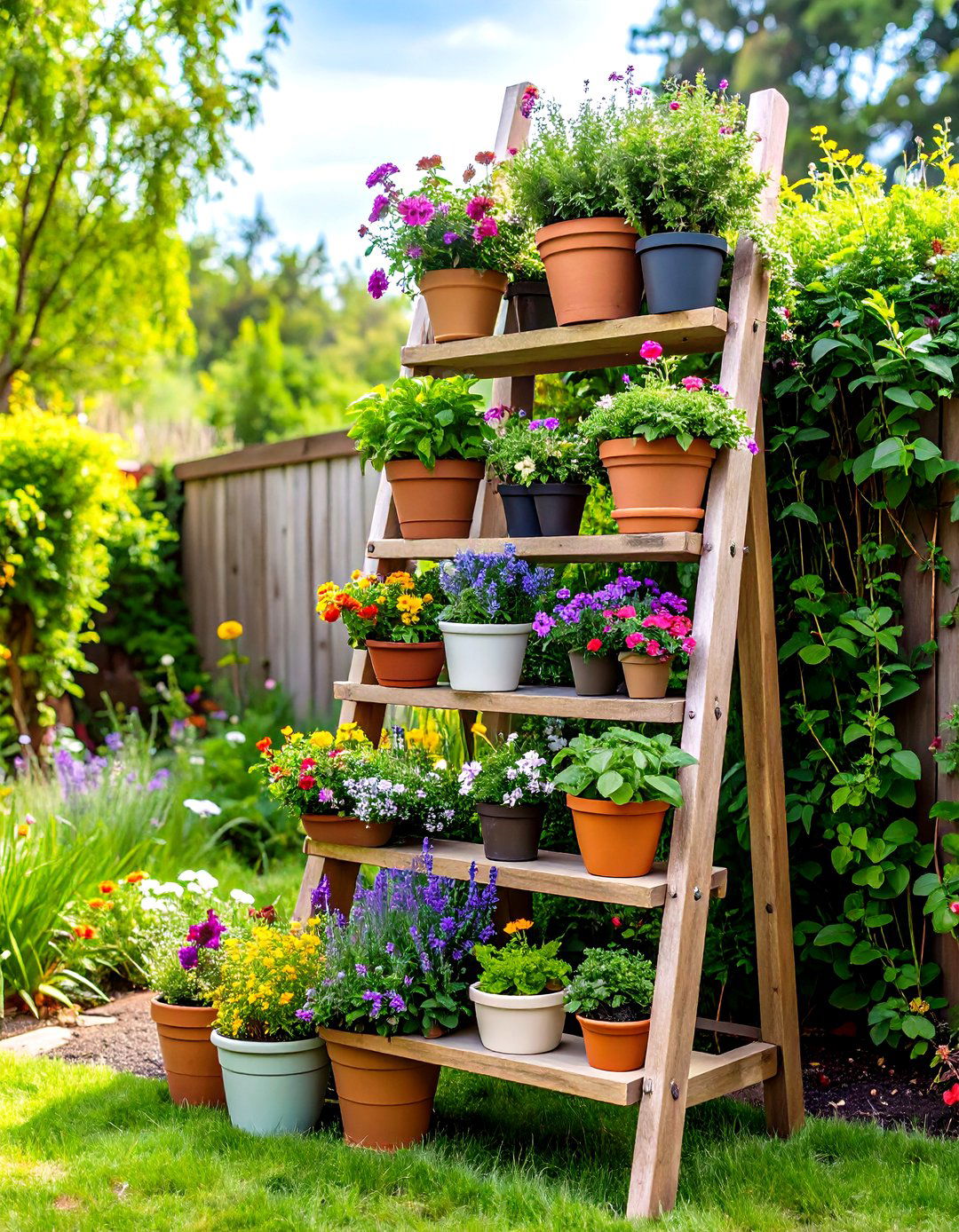 Vertical Corner Garden Ideas With Pots on Ladder Displays - 20 Corner Garden Ideas With Pots