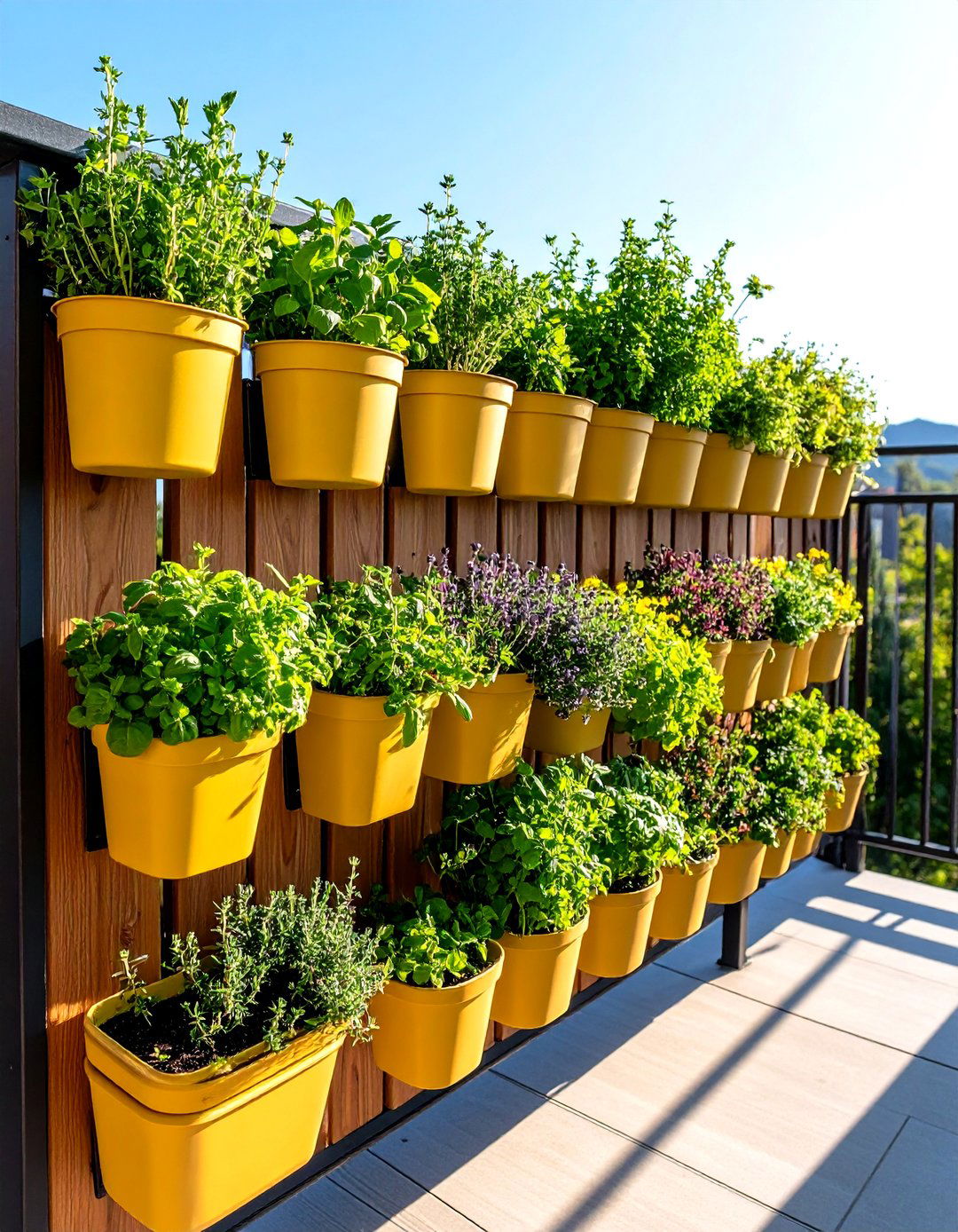 Vertical Herb Wall Hooks a Kitchen Garden to the Railing - 20 Green Balcony Ideas