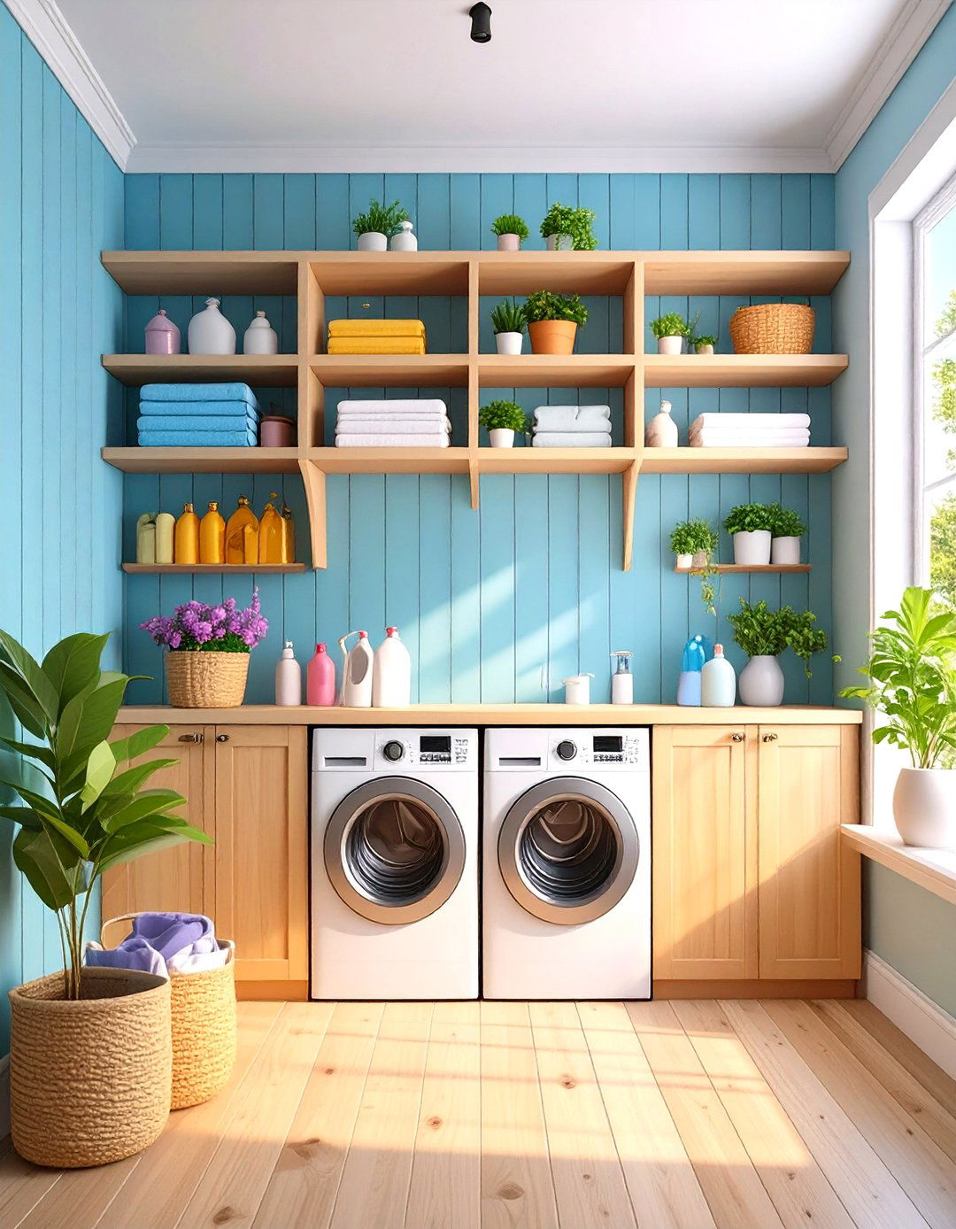 Vertical Shiplap with Floating Shelves - 20 Shiplap Laundry Room Ideas