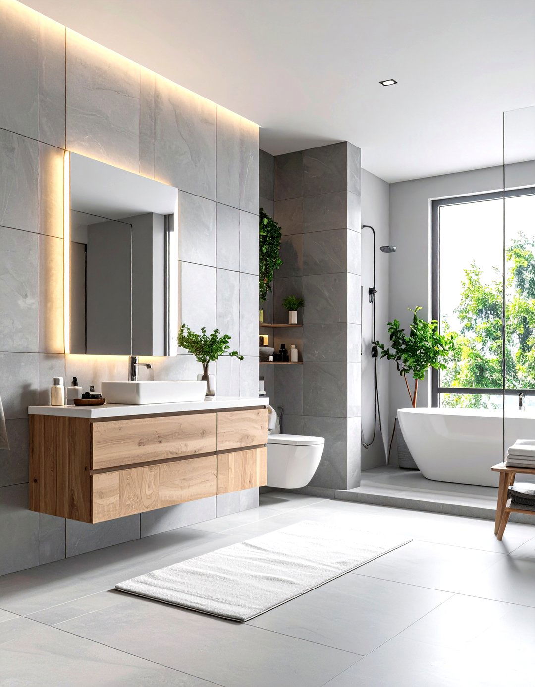 Vertical Stacked Grey Tiles for Added Height - 20 Grey Tile Bathroom Ideas