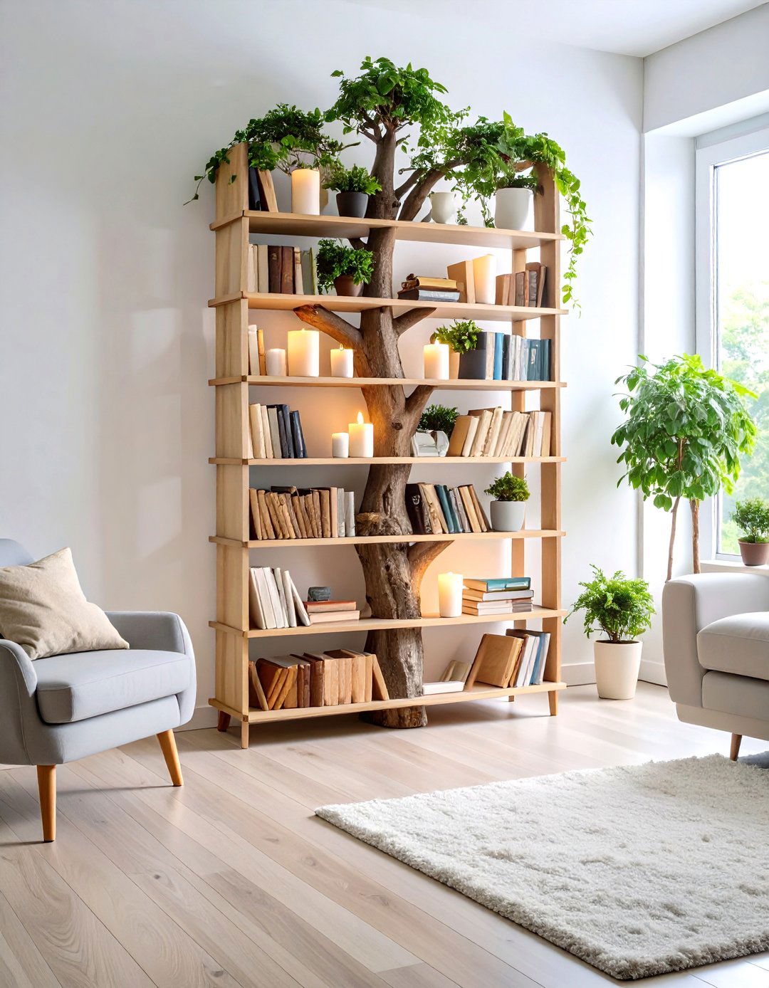 Vertical Tree Bookshelf Nook - 20 Budget Apartment Living Room Ideas