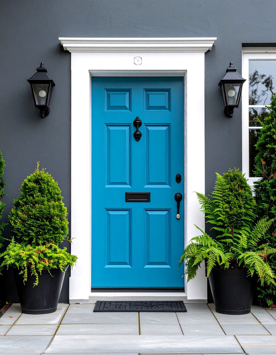 Vibrant Aqua Door on Smooth Grey Render - 20 Grey House With Blue Door Ideas