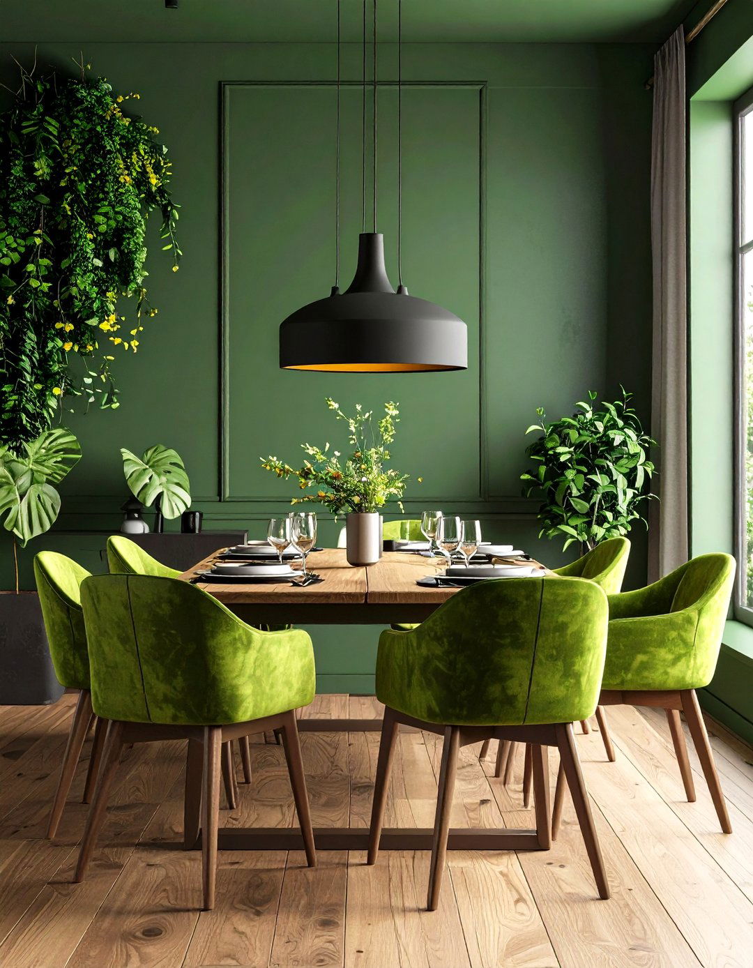 Vibrant Chartreuse Chairs in a Green Dining Room - 20 Green Dining Room Ideas