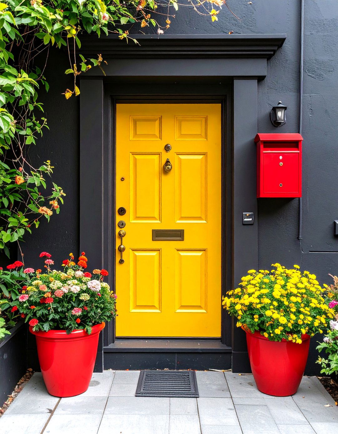 Vibrant Door Colors on Black Stucco Backdrops - 20 Black Stucco House Ideas
