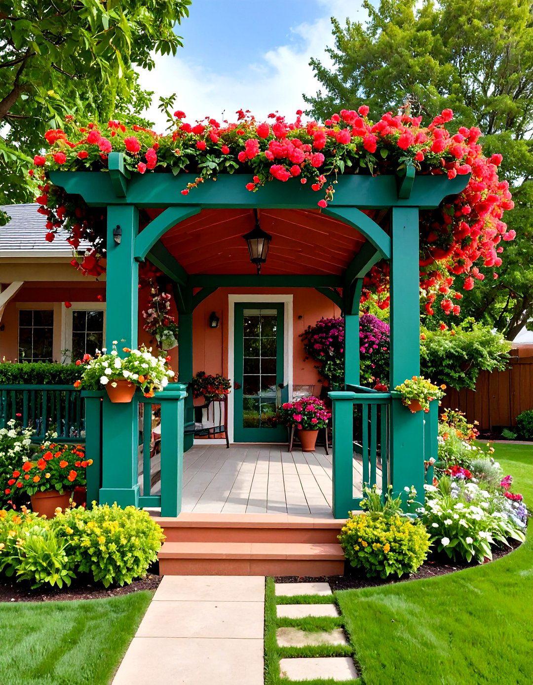 Vibrant Painted Pergola Accent - 20 Front Porch Pergola Ideas