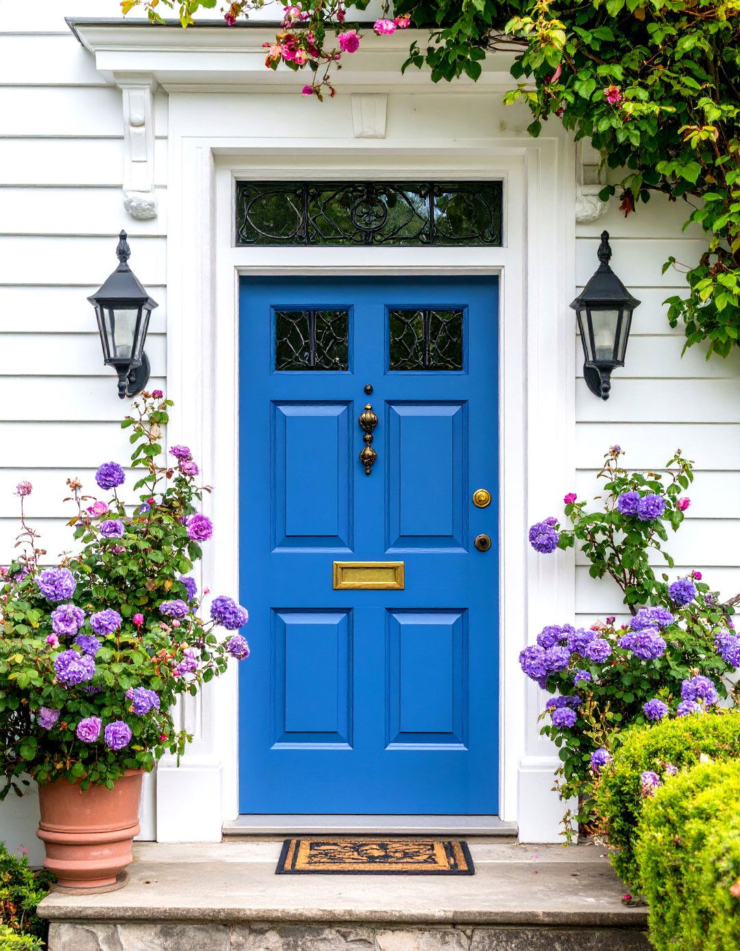 Victorian Era Lavender Front Door with Ornate Glass Panels - 20 Lavender Front Door Ideas