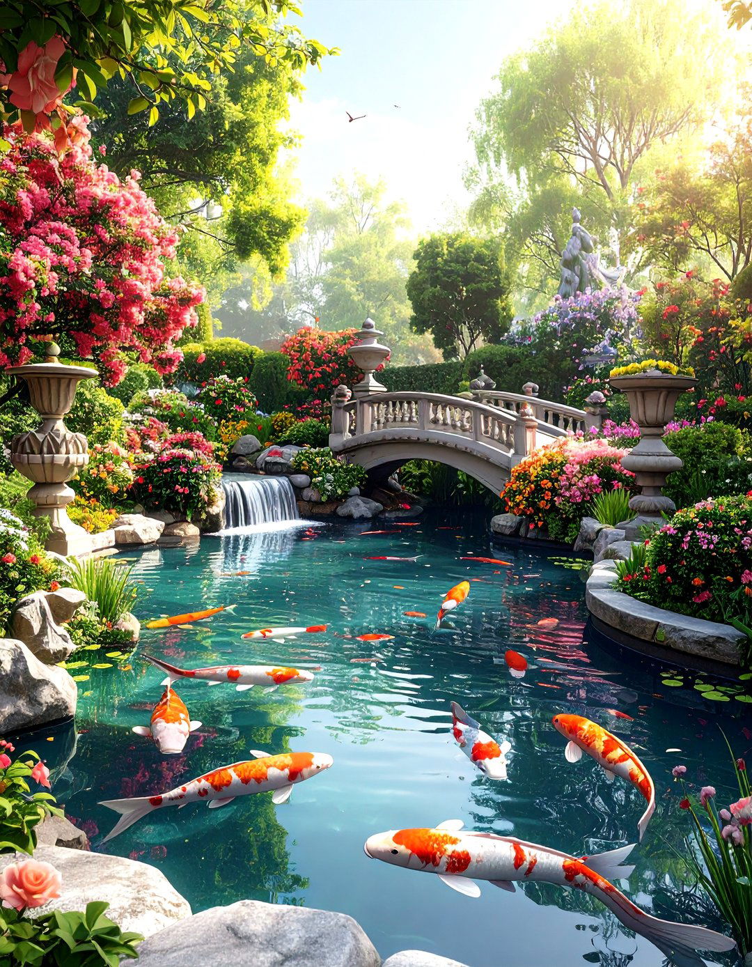 Victorian Garden Koi Pond with Ornate Features - 20 Koi Pond Ideas