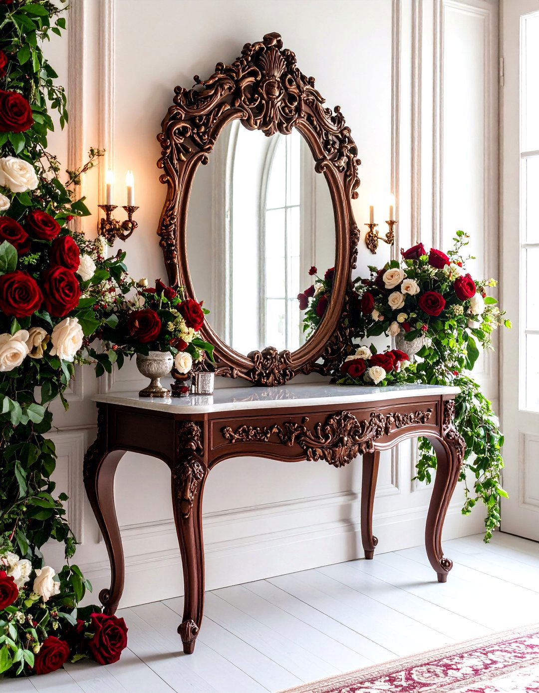 Victorian Mirror Painting with Ornate Floral Bouquets - 20 Mirror Painting Ideas