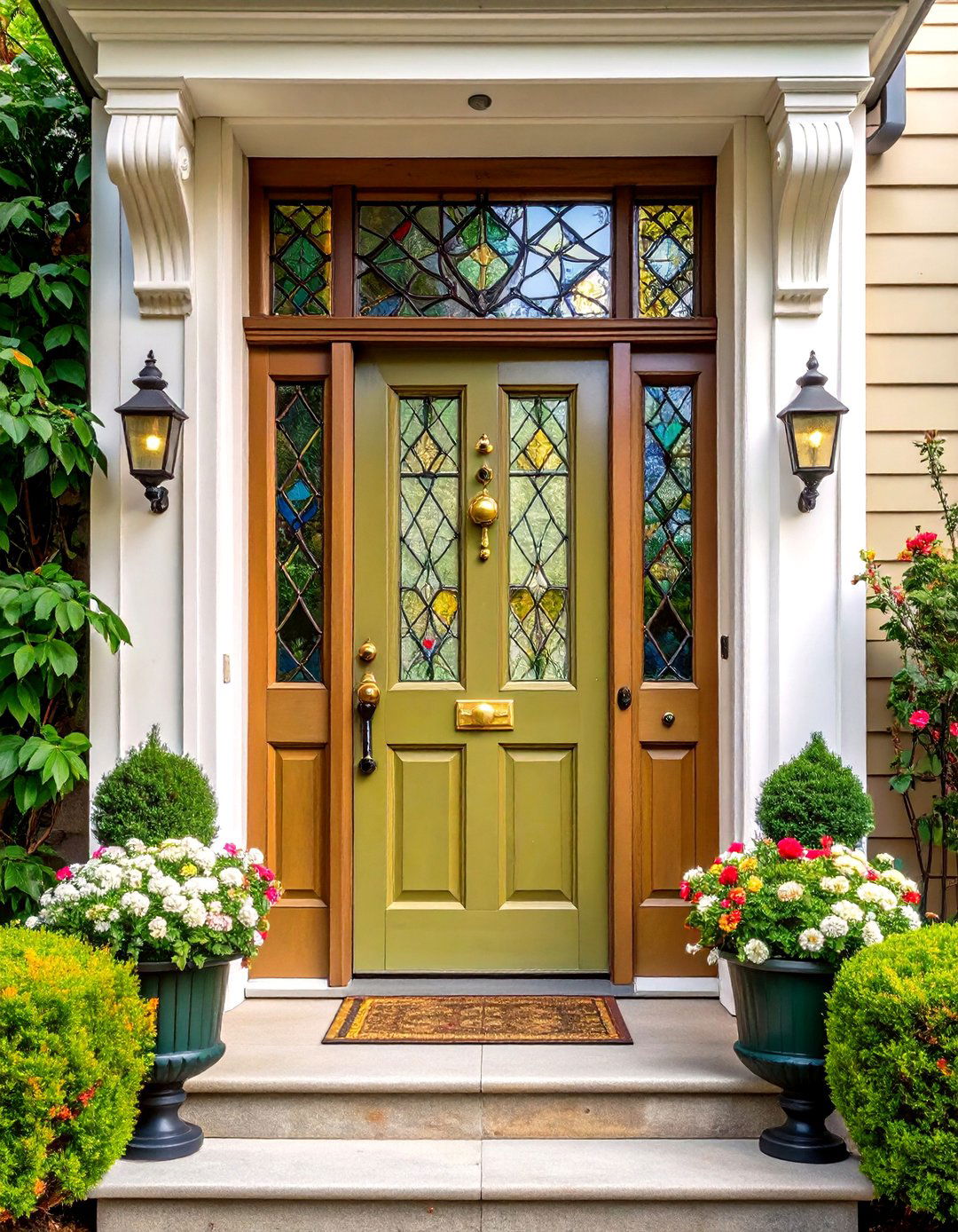 Victorian Olive Green Front Door with Stained Glass Panels - 20 Olive Green Front Door Ideas
