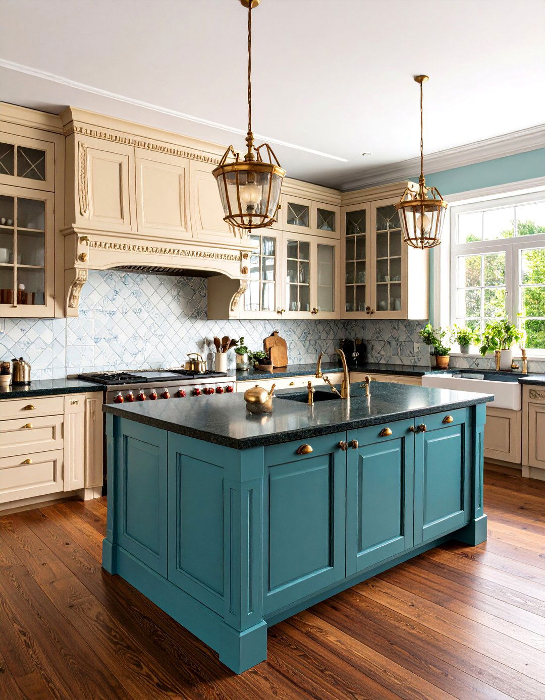 Victorian Revival Kitchen With Dark Countertops and Light Cabinets - 20 kitchen with dark countertops and light cabinets