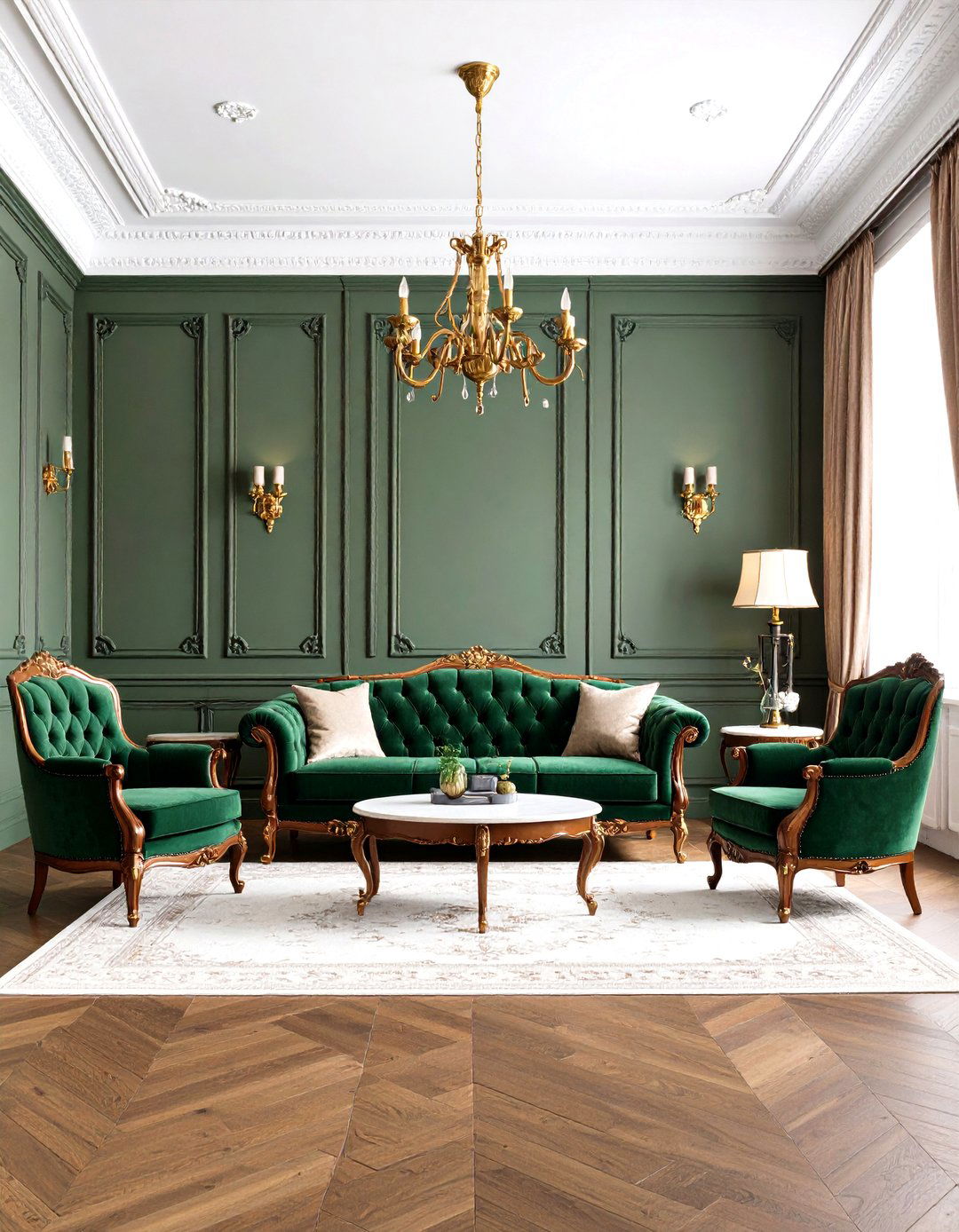 Victorian Royal Living Room with Emerald Velvet Elegance - 20 Royal Living Room Design Ideas