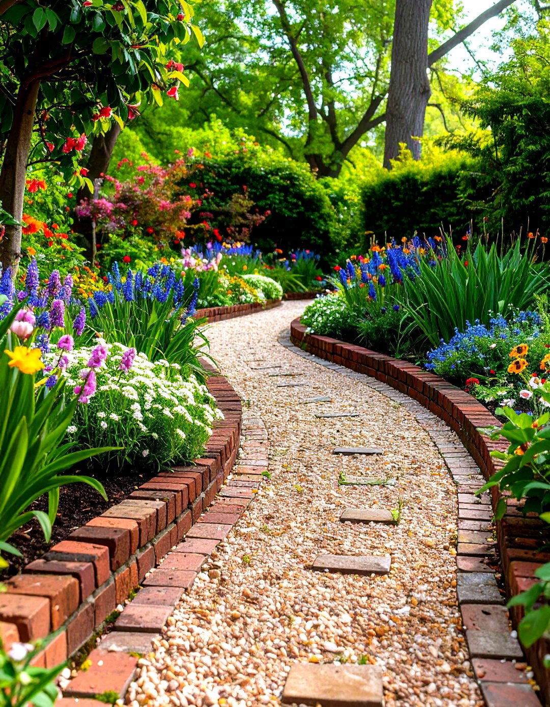 Victorian Style Pea Gravel Walkway with Ornate Brick Borders - 20 Pea Gravel Walkway Ideas