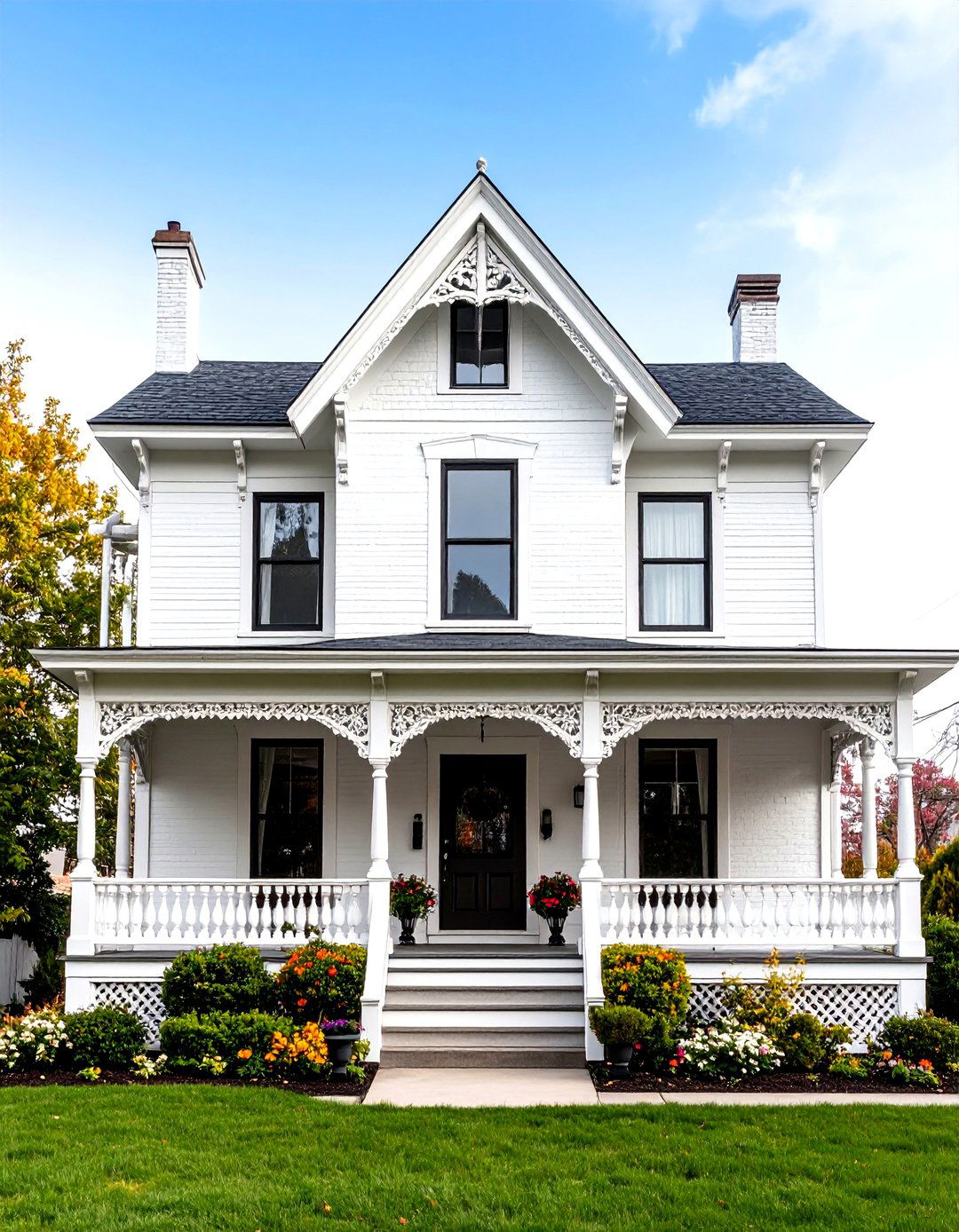 Victorian White Brick House With Black Trim and Ornate Details - 20 White Brick House With Black Trim