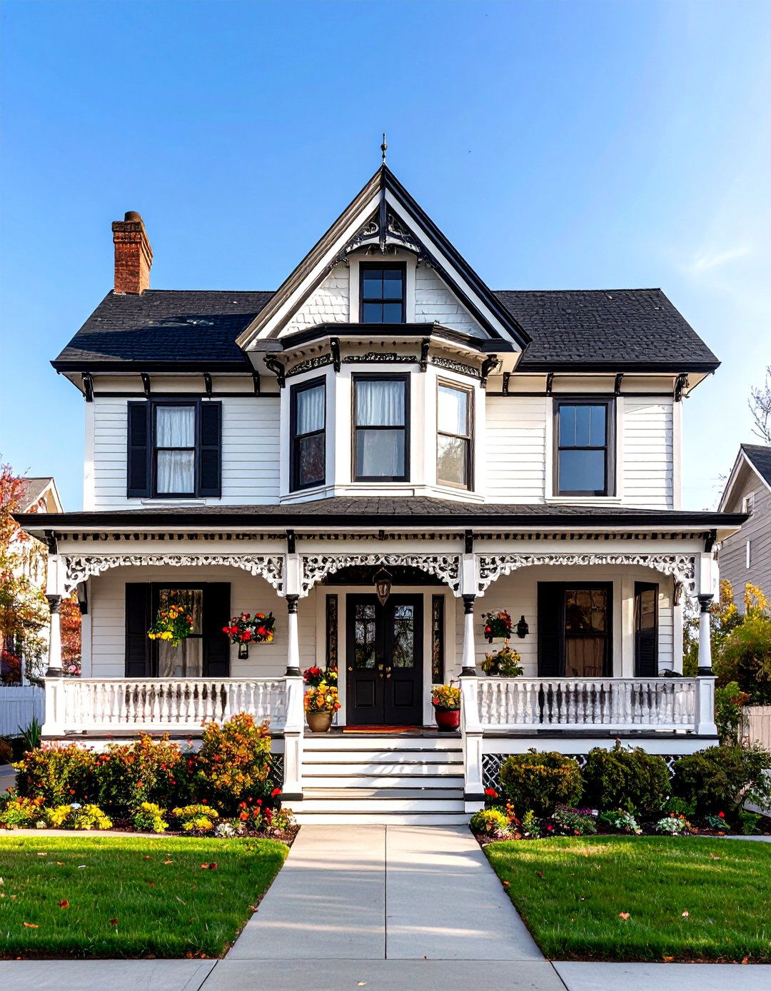 Victorian White Exterior Home with a Black Roof and Ornate Trim Details - 20 White Exterior Home with a Black Roof Ideas
