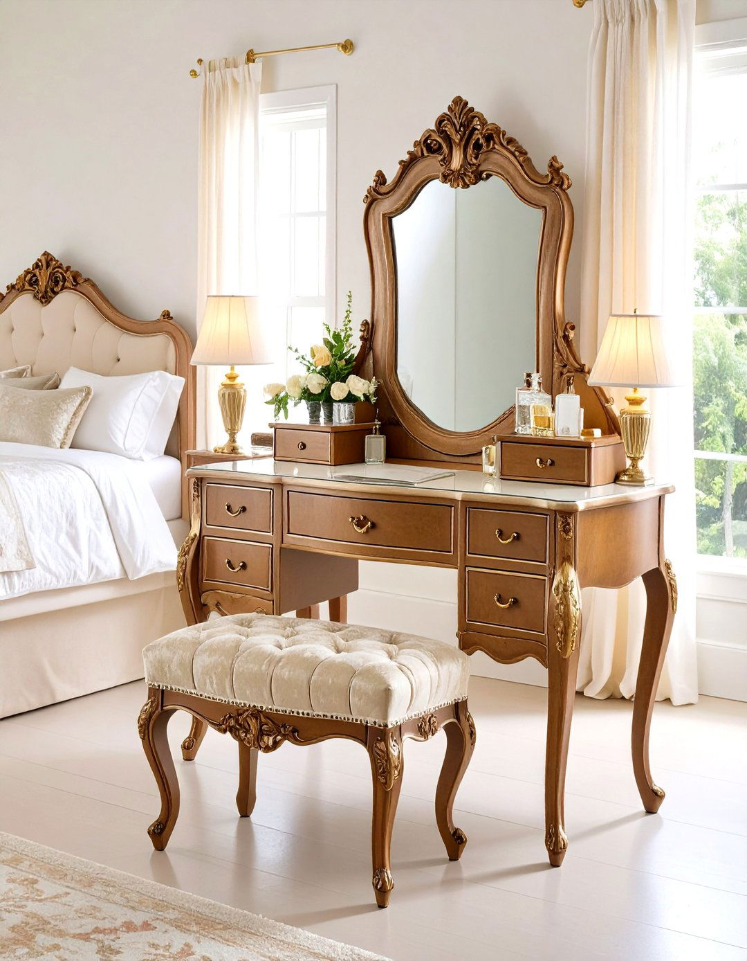 Vintage Antique Makeup Vanity with Ornate Details - 20 Makeup Vanity Ideas