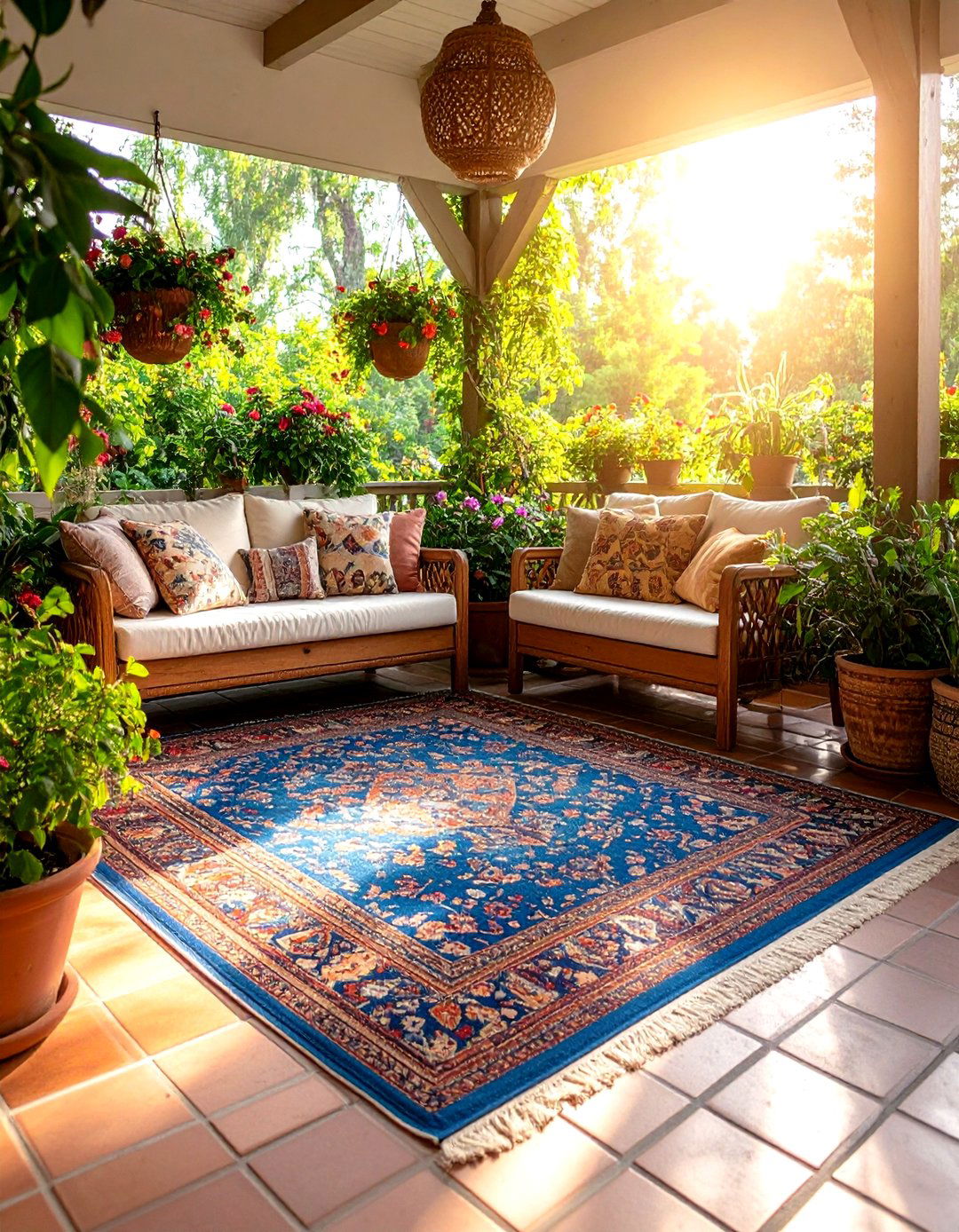 Vintage Area Rugs Warm Up Hard Floors - 20 Farmhouse Sunroom Ideas