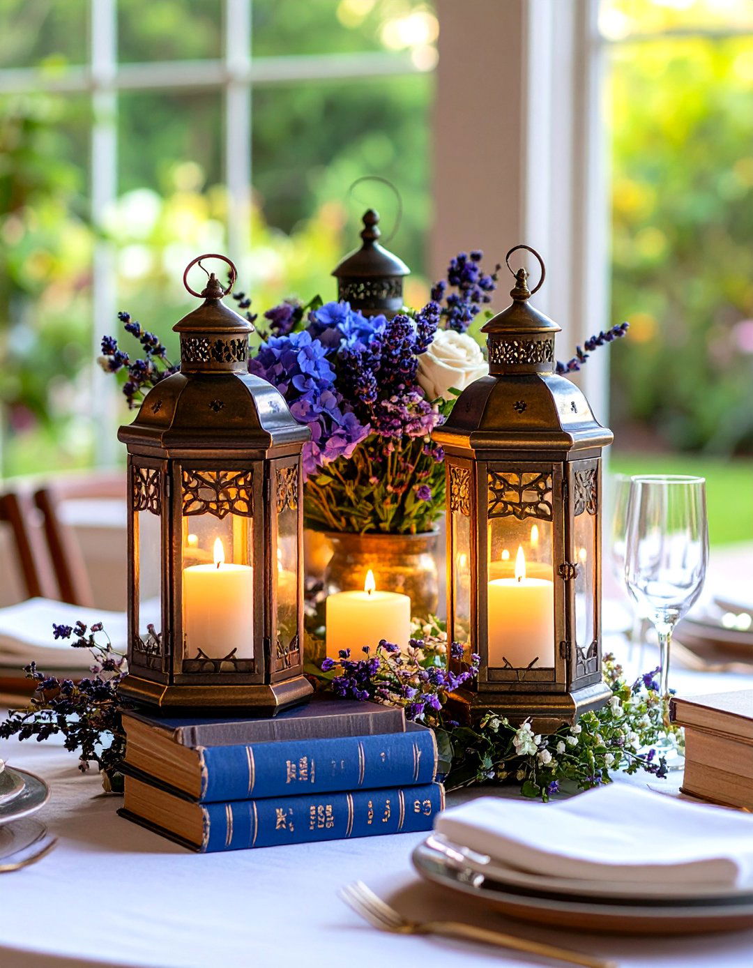 Vintage Brass Lantern Centerpiece with Antique Floral Accents - 20 Lantern Centerpiece Ideas