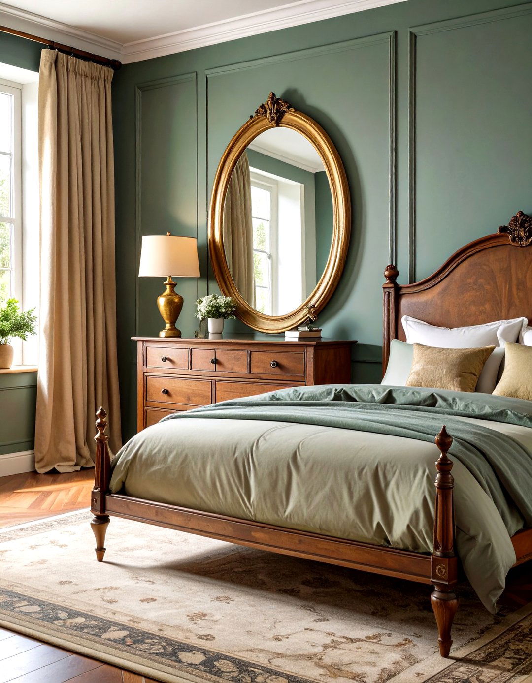Vintage Brass Oval Mirror Behind Nightstand Theme - 20 Mirror Behind Nightstand Design Ideas