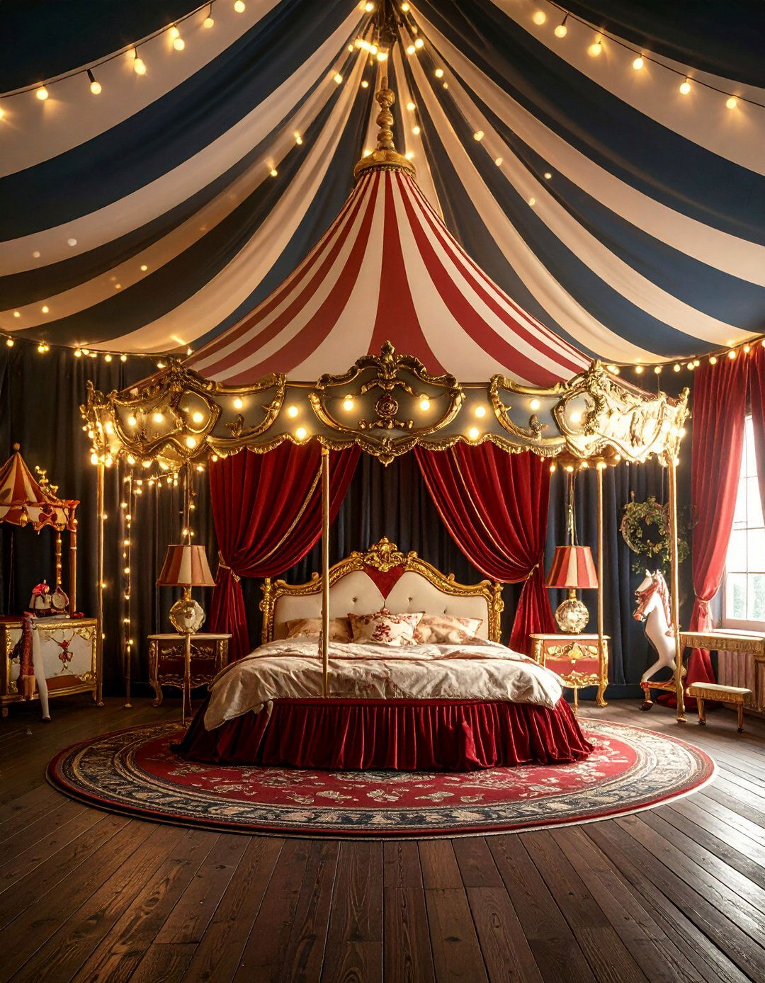 Vintage Circus Fantasy Bedroom with Whimsical Performance Elements - 20 Fantasy Bedroom Ideas
