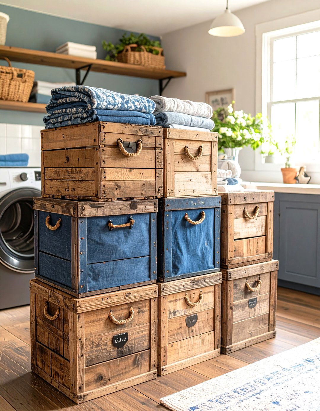 Vintage Crate Laundry Detergent Storage Stack - 20 Laundry Detergent Storage Ideas