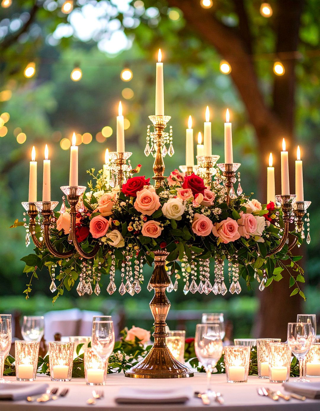 Vintage Crystal Candelabras Draped in Flowers - 20 Tall Wedding Centerpiece Ideas