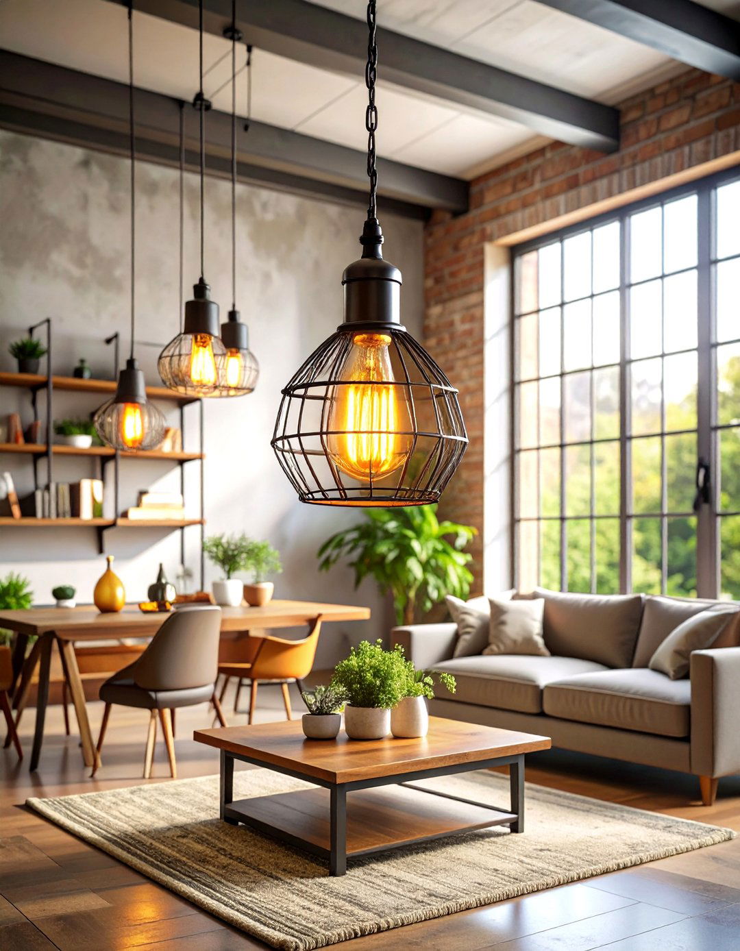 Vintage Edison Living Room Ceiling Lighting with Industrial Cage Pendants - 20 Living Room Ceiling Lighting Ideas