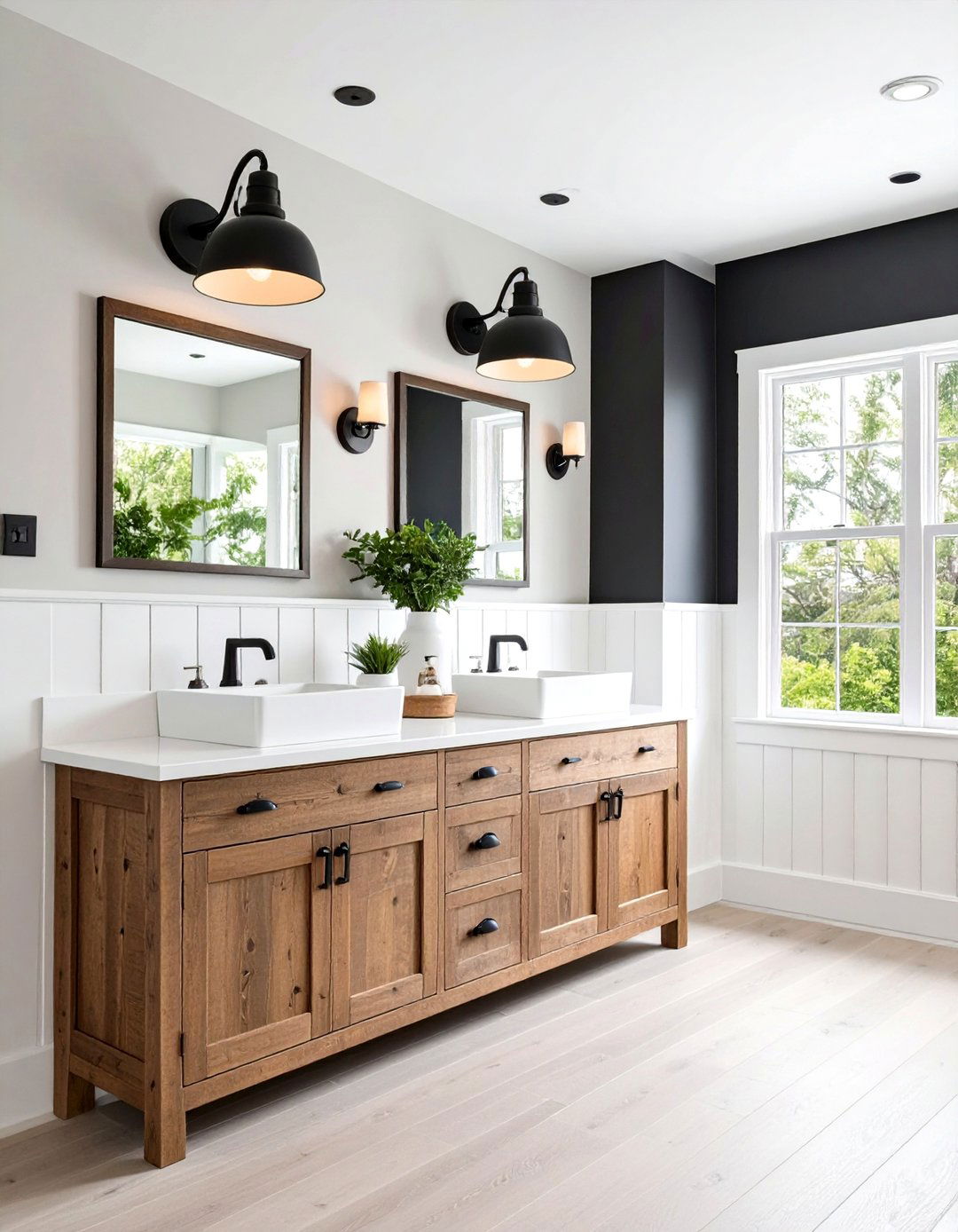 Vintage Farmhouse Blend Beadboard and Black Sconces - 20 Black and White Powder Room Ideas
