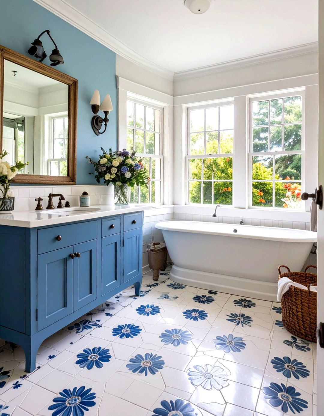 Vintage Floral Penny Tile Floor Design - 20 Penny Tile Bathroom Floor Ideas