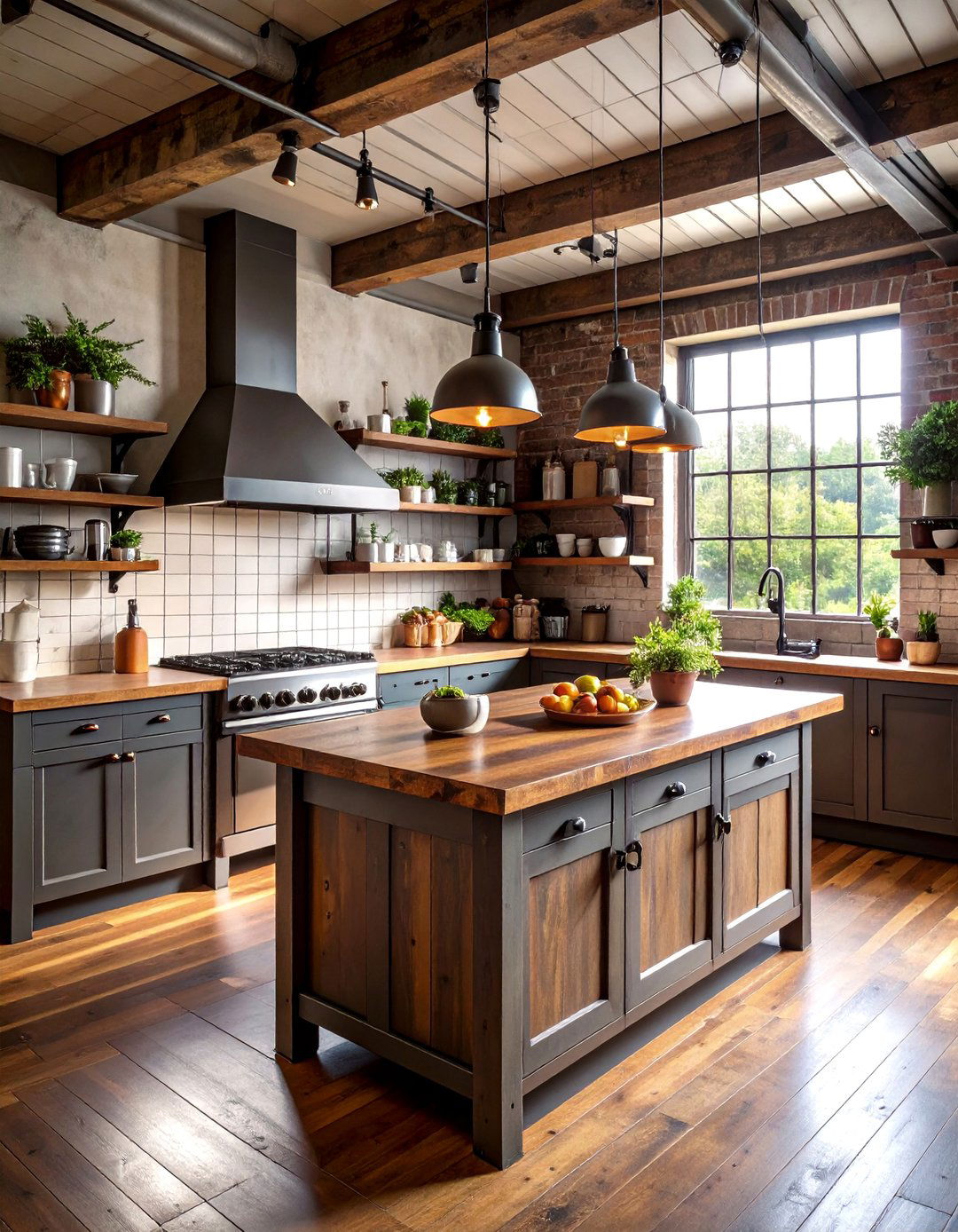 Vintage Industrial Kitchen With Black Cabinets And Reclaimed Barn Wood Countertops - 20 Kitchen With Black Cabinets And Wood Countertops Ideas