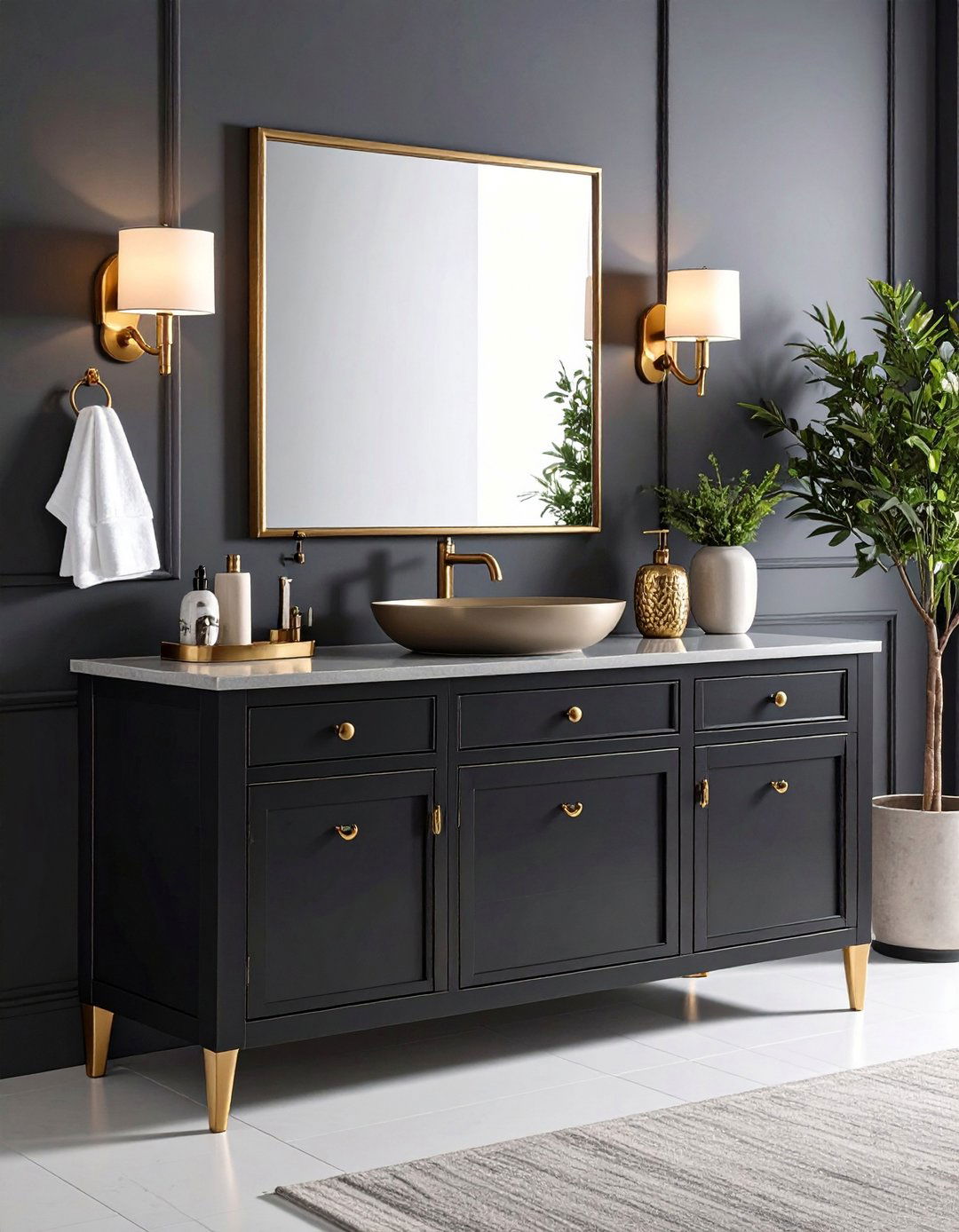 Vintage Inspired Black Console Vanity With Brass Legs - 20 Black Vanity Bathroom Ideas