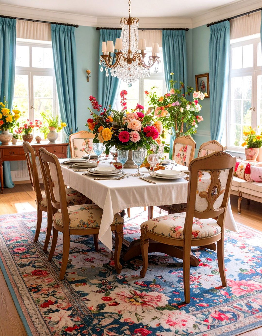 Vintage Inspired Floral Carpeted Dining Room with Romantic Charm - 20 Carpeted Dining Room Ideas