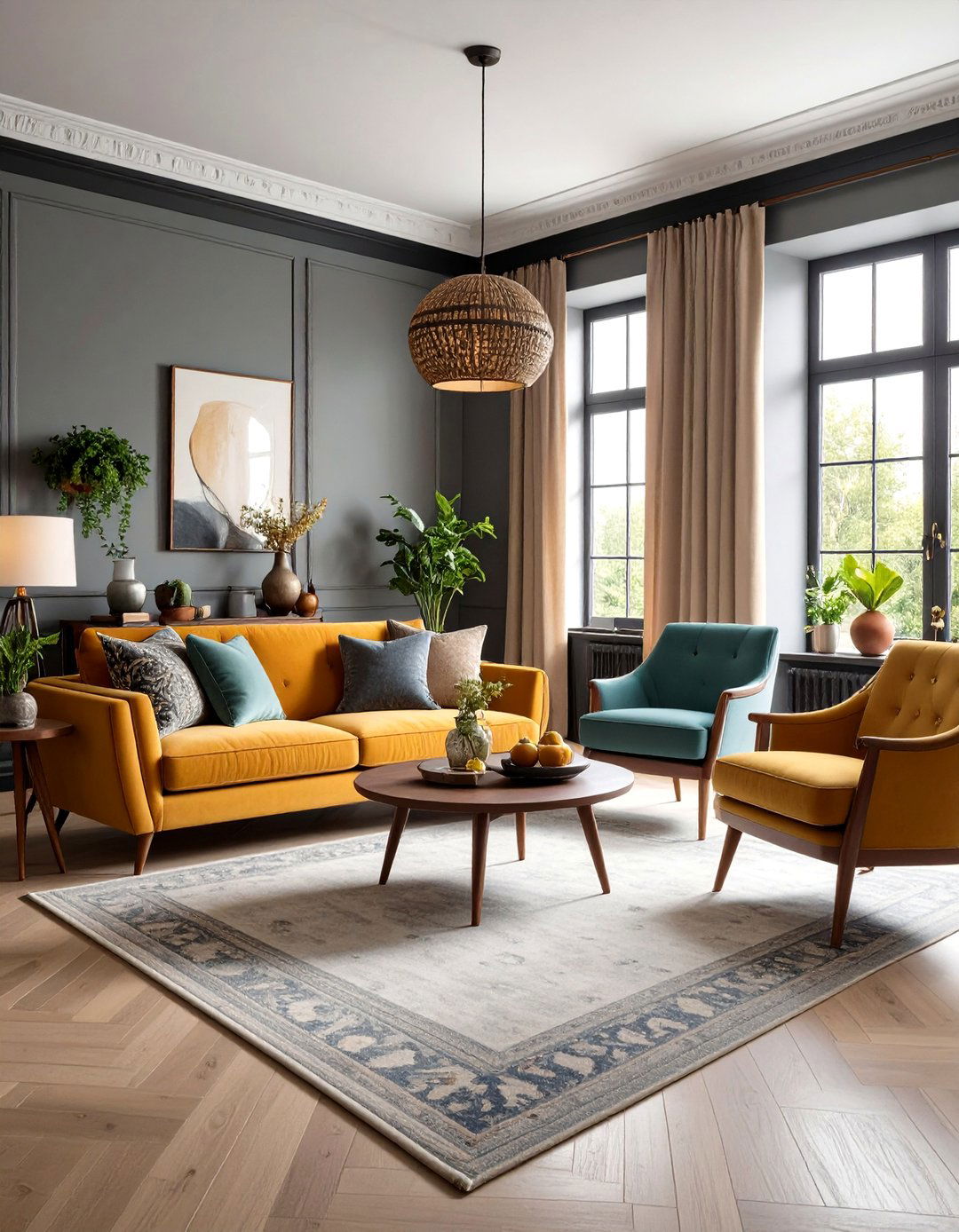 Vintage Inspired Living Room With Grey Walls and Black Trim - 20 Living Room With Grey Walls and Black Trim