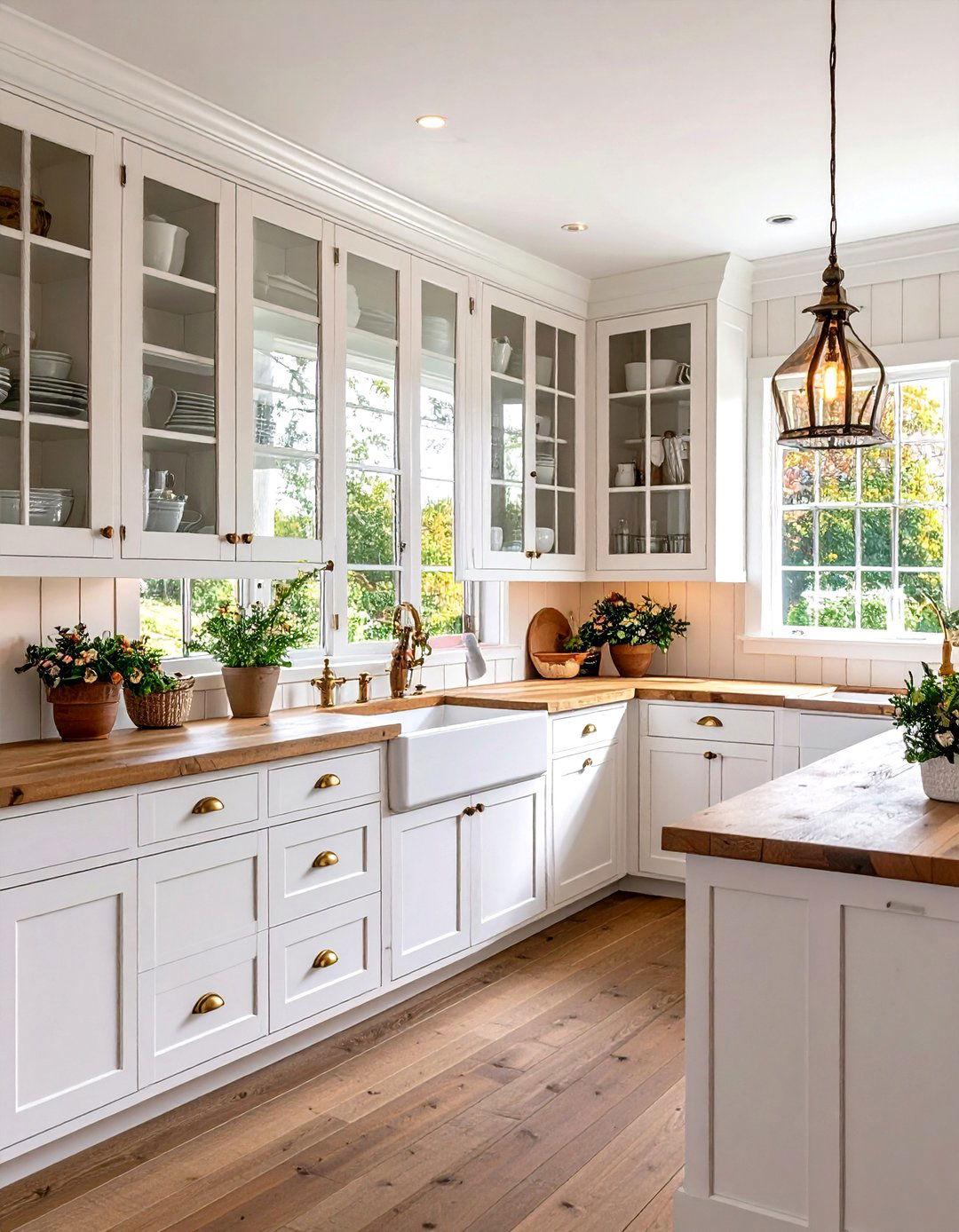 Vintage Inspired White Farmhouse Kitchen with Glass Front Cabinets - 20 White Farmhouse Kitchen Ideas