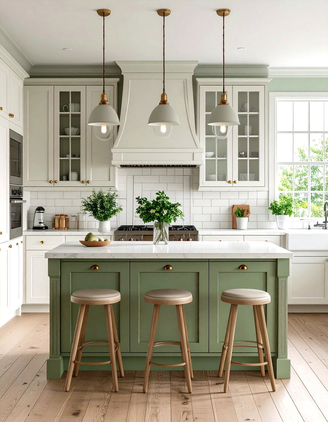 Vintage Inspired White Kitchen Cabinets with Grey Green Island - 20 White Kitchen Cabinets With Grey Island Ideas