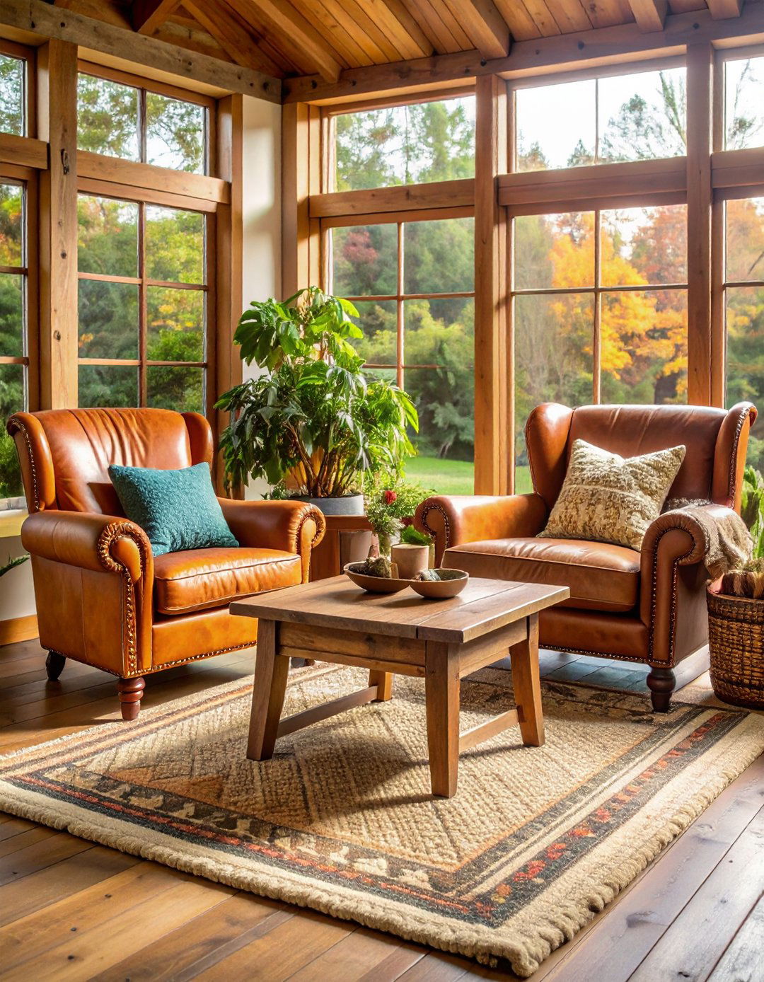 Vintage Leather Seating in a Cozy Sunroom - 20 Rustic Sunroom Ideas