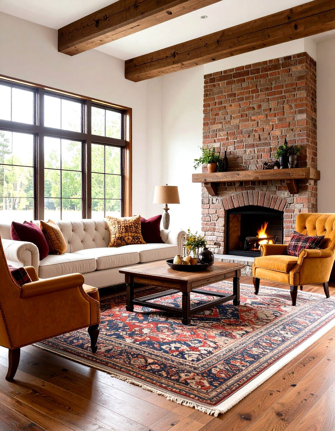 Vintage Lodge Rustic Living Room With a Brick Fireplace - 20 Rustic Living Room With a Brick Fireplace Ideas