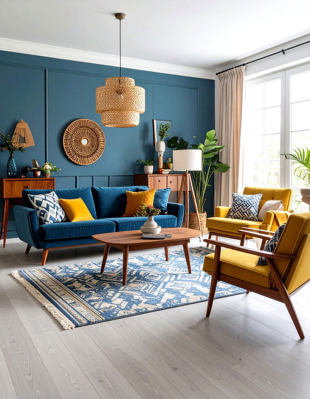 Vintage Modern Grey Floor Living Room with Blue Walls Mid Century Inspired - 20 grey floor living room with blue walls ideas